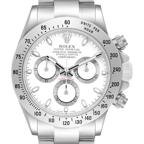 The Rolex Daytona 116520 Men's Stainless Steel White Dial watch is shown from a front angle, highlighting the dial, subdials, bezel, and crown.