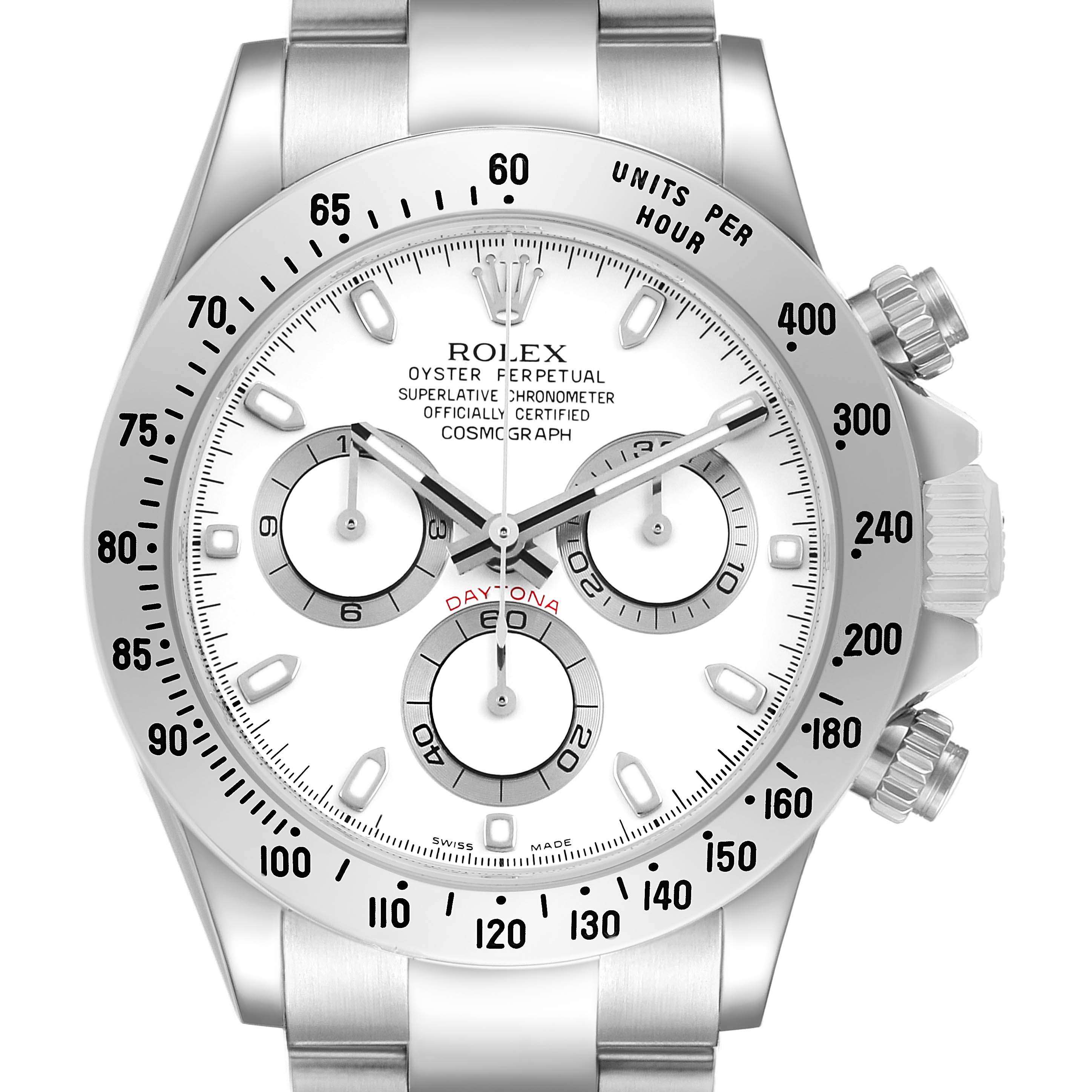 The Rolex Daytona 116520 Men's Stainless Steel White Dial watch is shown from the front, highlighting the dial, bezel, and subdials.
