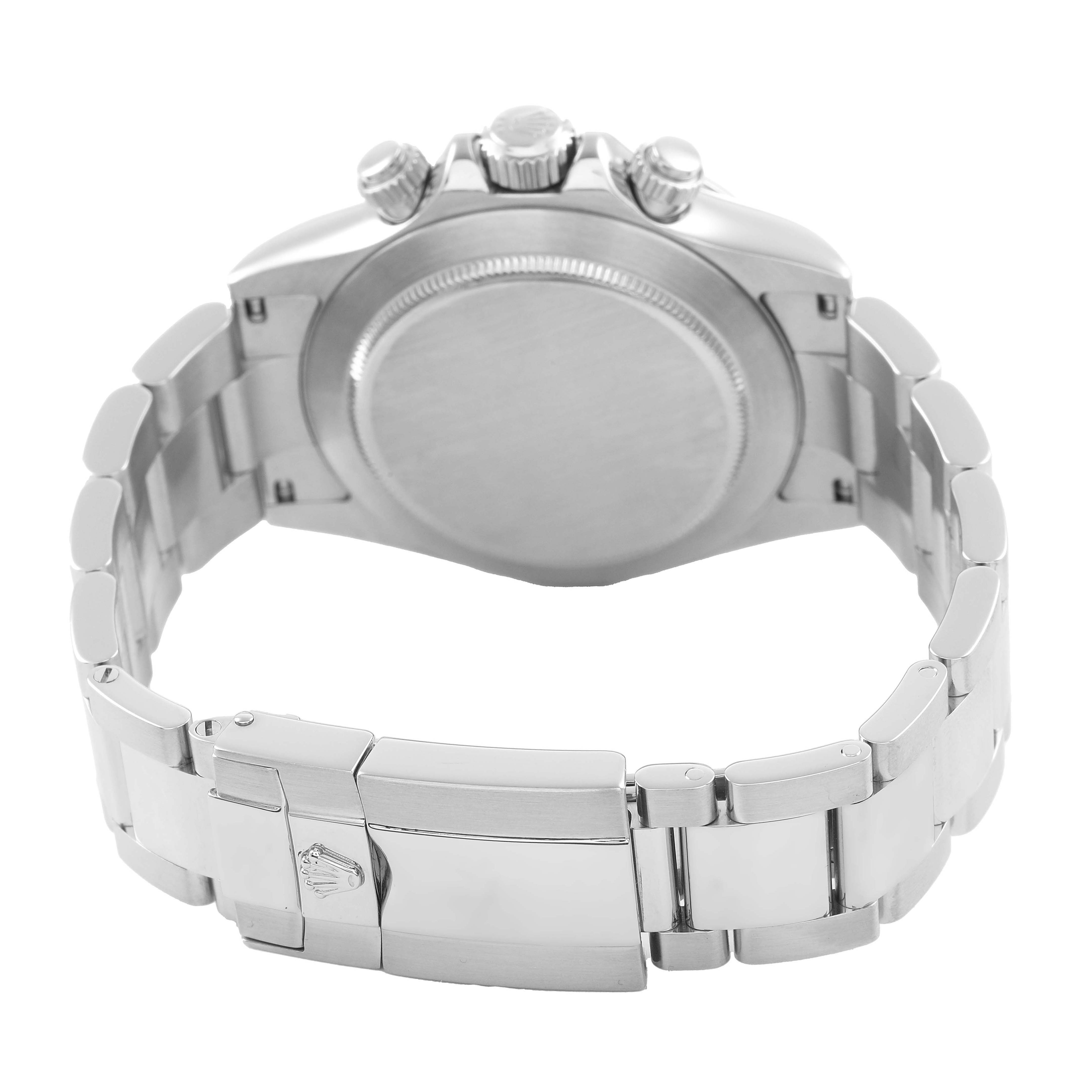 The image shows the back view of a Rolex Daytona 116520 Men's Stainless Steel White Dial watch, highlighting the bracelet and clasp.