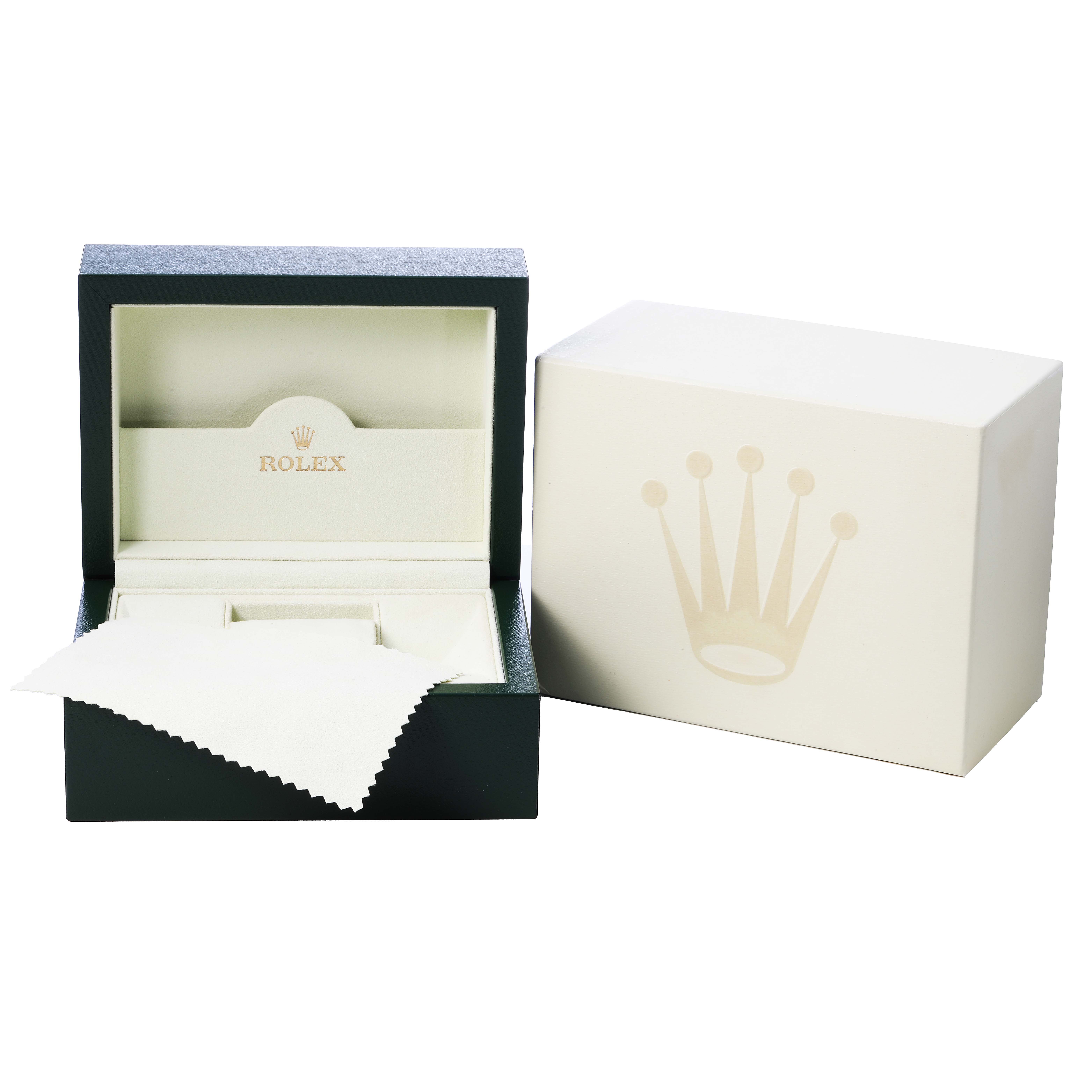 This image shows a Rolex Daytona 116520 Men's Stainless Steel White Dial watch box, including the outer box and a cleaning cloth.