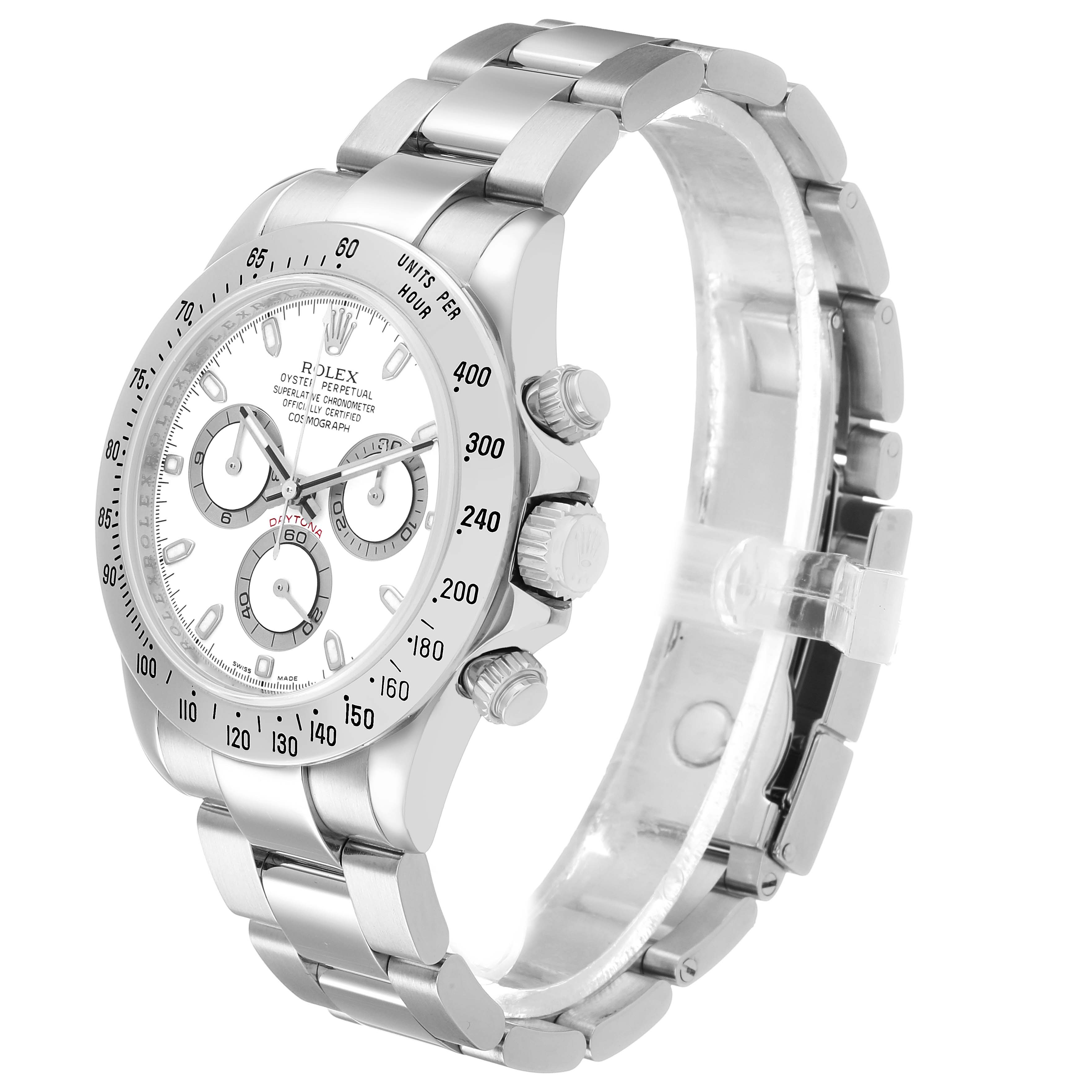 The Rolex Daytona 116520 Men's Stainless Steel White Dial watch is shown at a slight angle, displaying the face, bezel, buttons, and part of the bracelet.