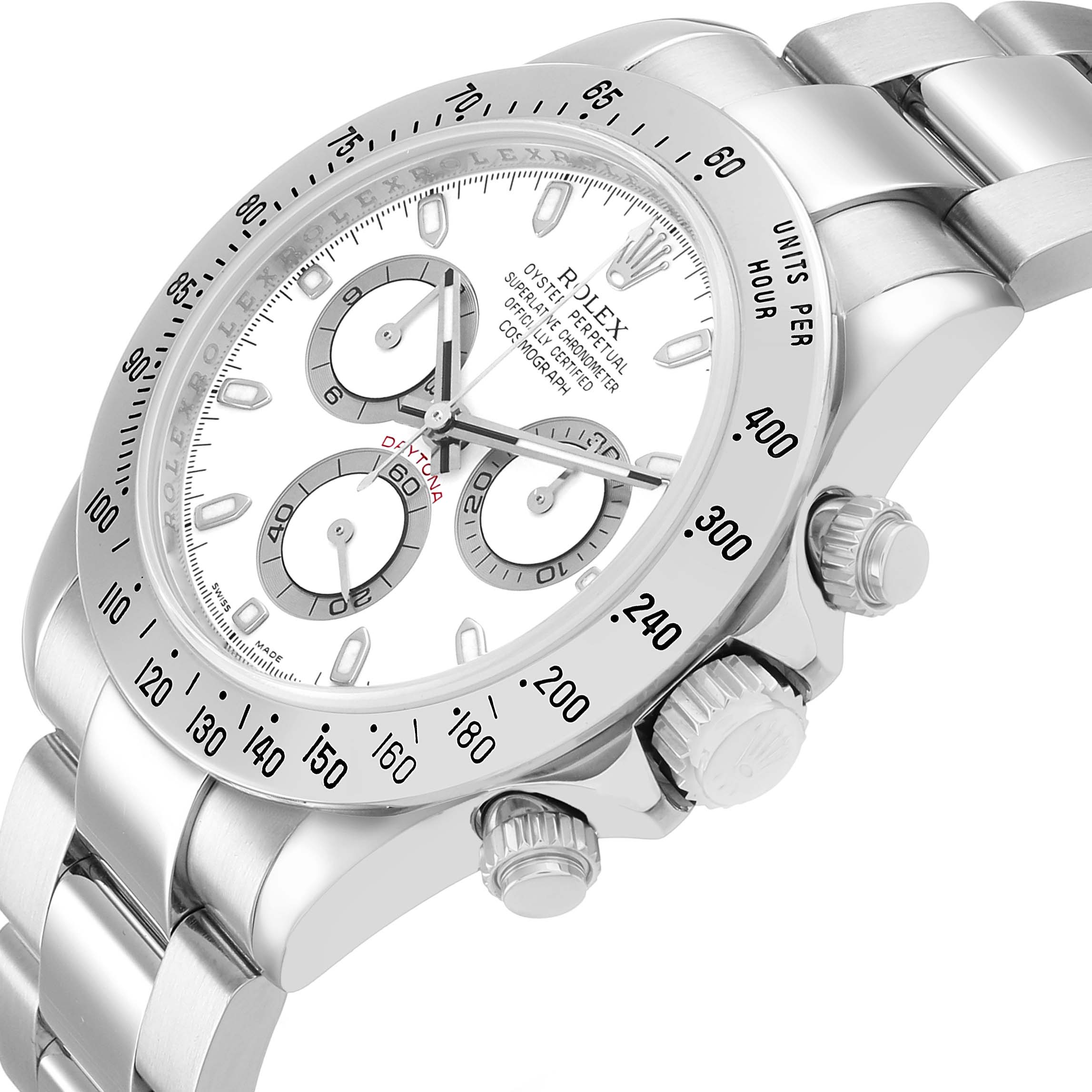 The Rolex Daytona 116520 Men's Stainless Steel White Dial watch is shown at an oblique angle, highlighting its face, bezel, pushers, and part of the bracelet.