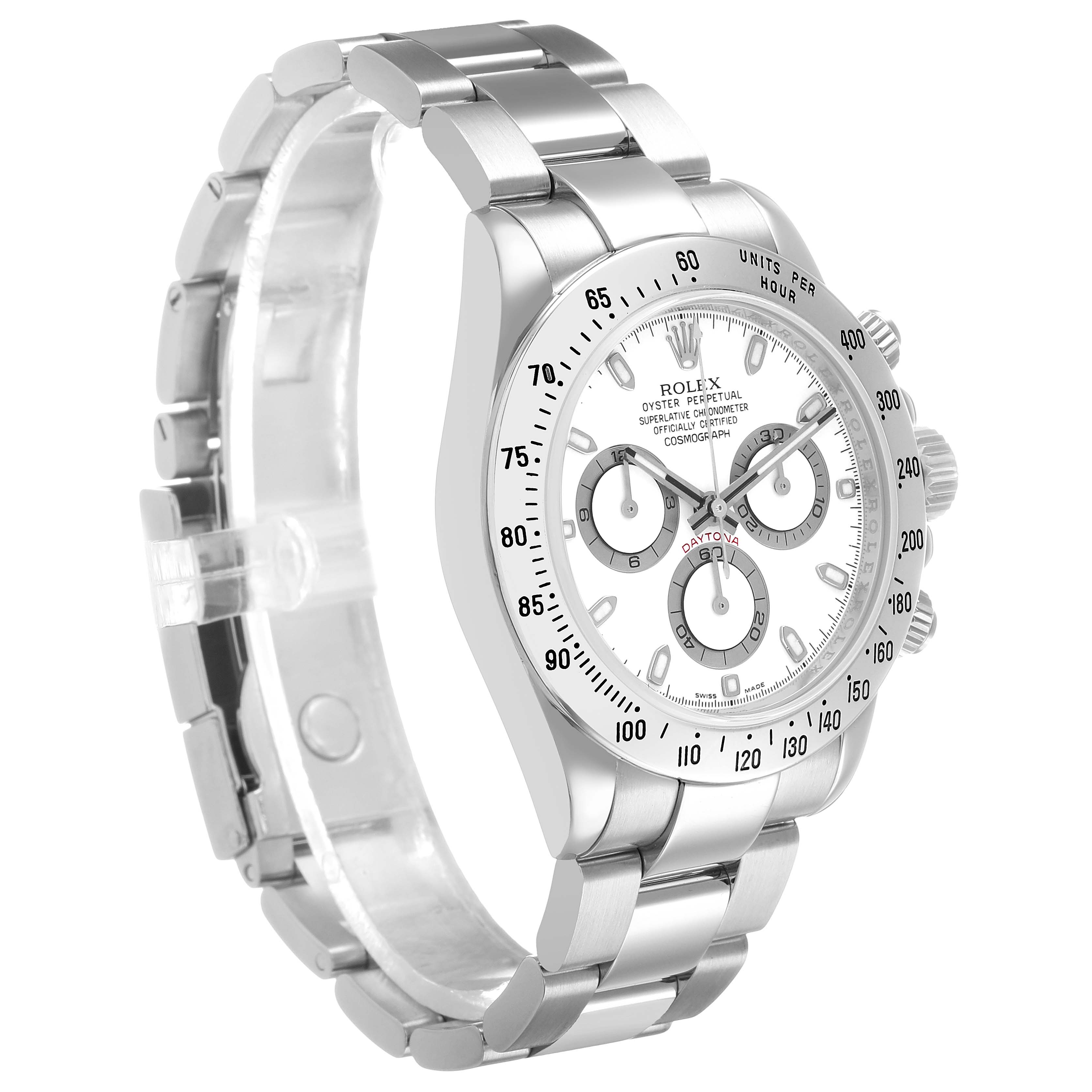 The Rolex Daytona 116520 Men's Stainless Steel White Dial watch is shown at a three-quarter angle, displaying the dial, bezel, and bracelet.