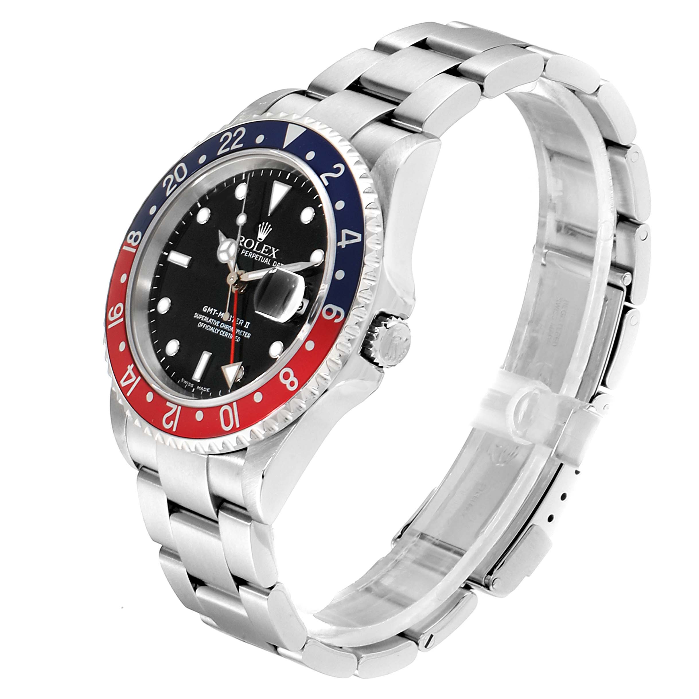This image shows a side angle of the Rolex GMT-Master 16710 Men's Stainless Steel Black Dial 16710 Men's Stainless Steel Black Dial watch, featuring its bezel, crown, and stainless steel bracelet.