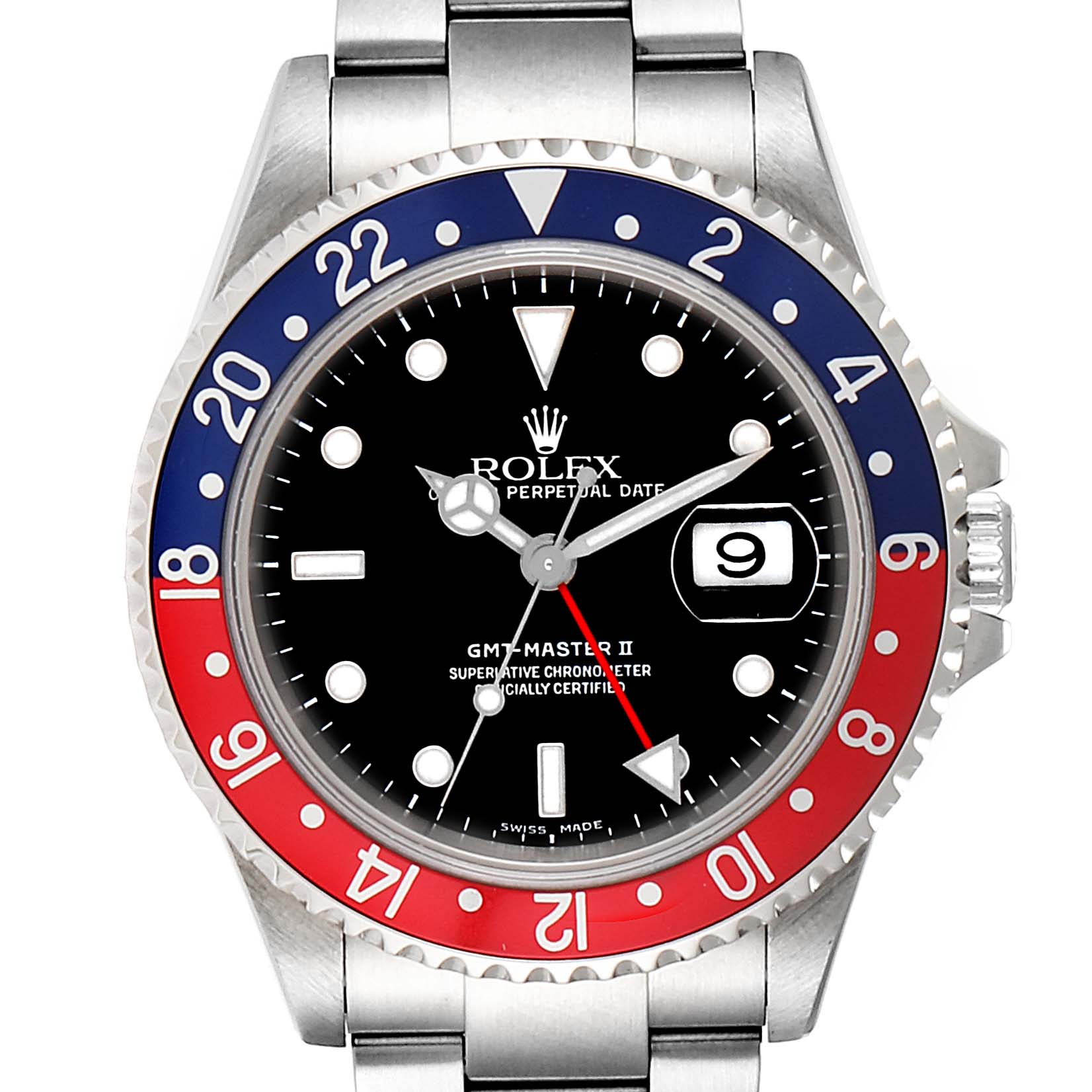 The image shows a front view of the Rolex GMT-Master 16710 Men's Stainless Steel Black Dial 16710 Men's Stainless Steel Black Dial watch displaying the dial, bezel, and part of the bracelet.