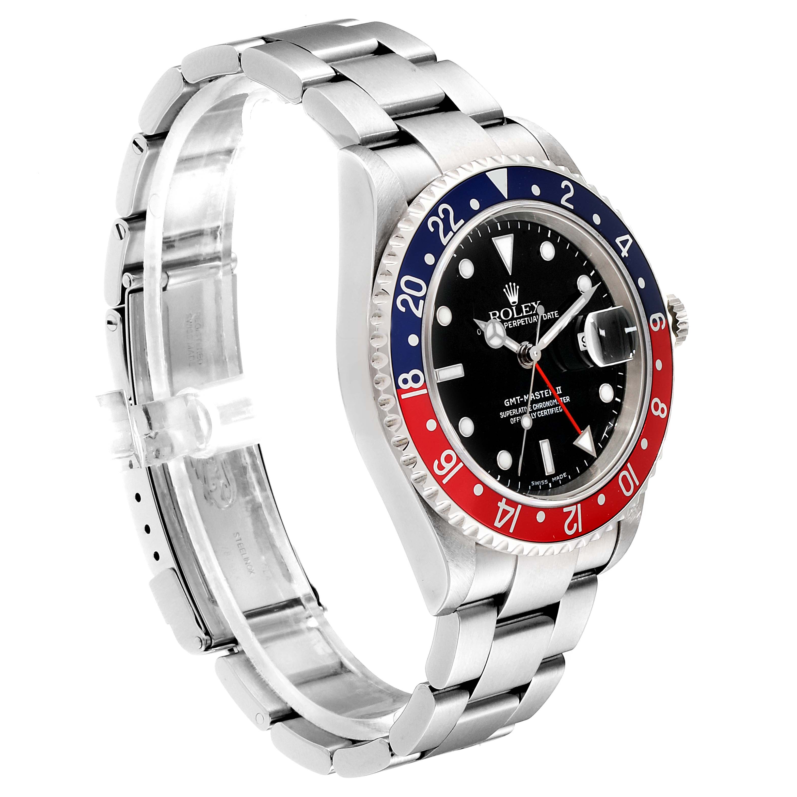 The image shows a side angle of the Rolex GMT-Master 16710 Men's Stainless Steel Black Dial 16710 Men's Stainless Steel Black Dial watch, highlighting its bezel, dial, and stainless steel bracelet.