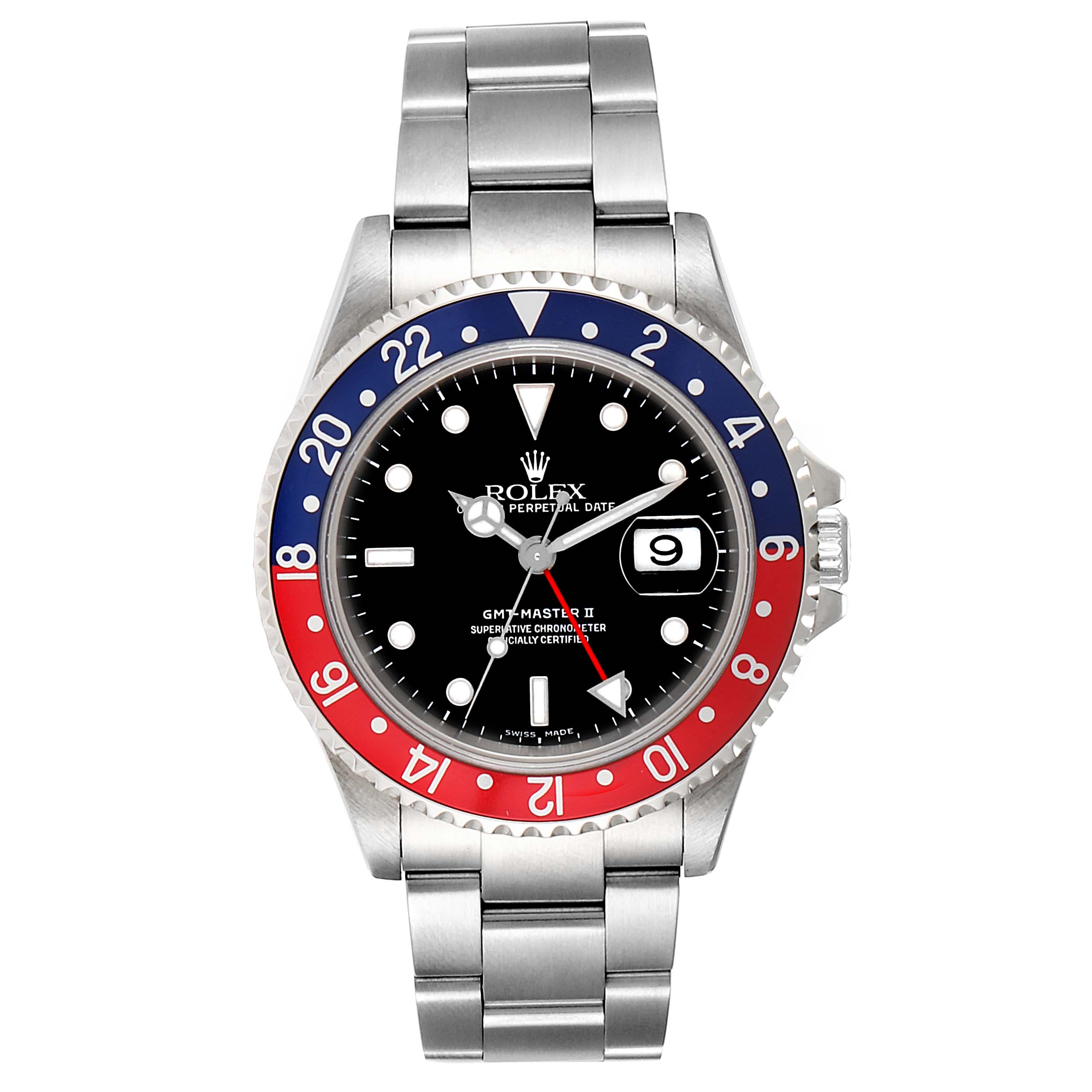 The image shows a front view of the Rolex GMT-Master 16710 Men's Stainless Steel Black Dial 16710 Men's Stainless Steel Black Dial II watch, highlighting the bezel, dial, bracelet, and date window.