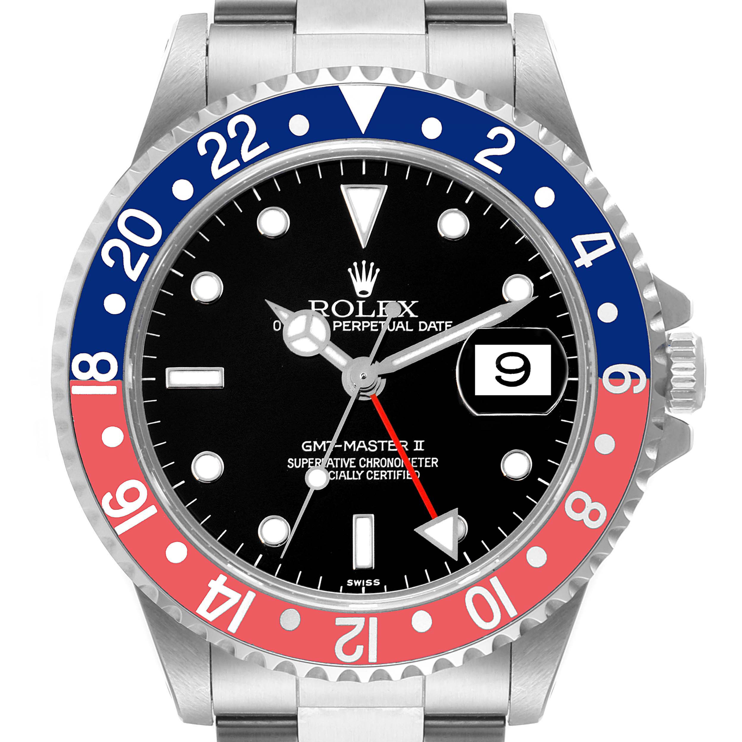 This image shows a front view of a Rolex GMT-Master 16710 Men's Stainless Steel Black Dial 16710 Men's Stainless Steel Black Dial II watch, highlighting the bezel, dial, and date window.