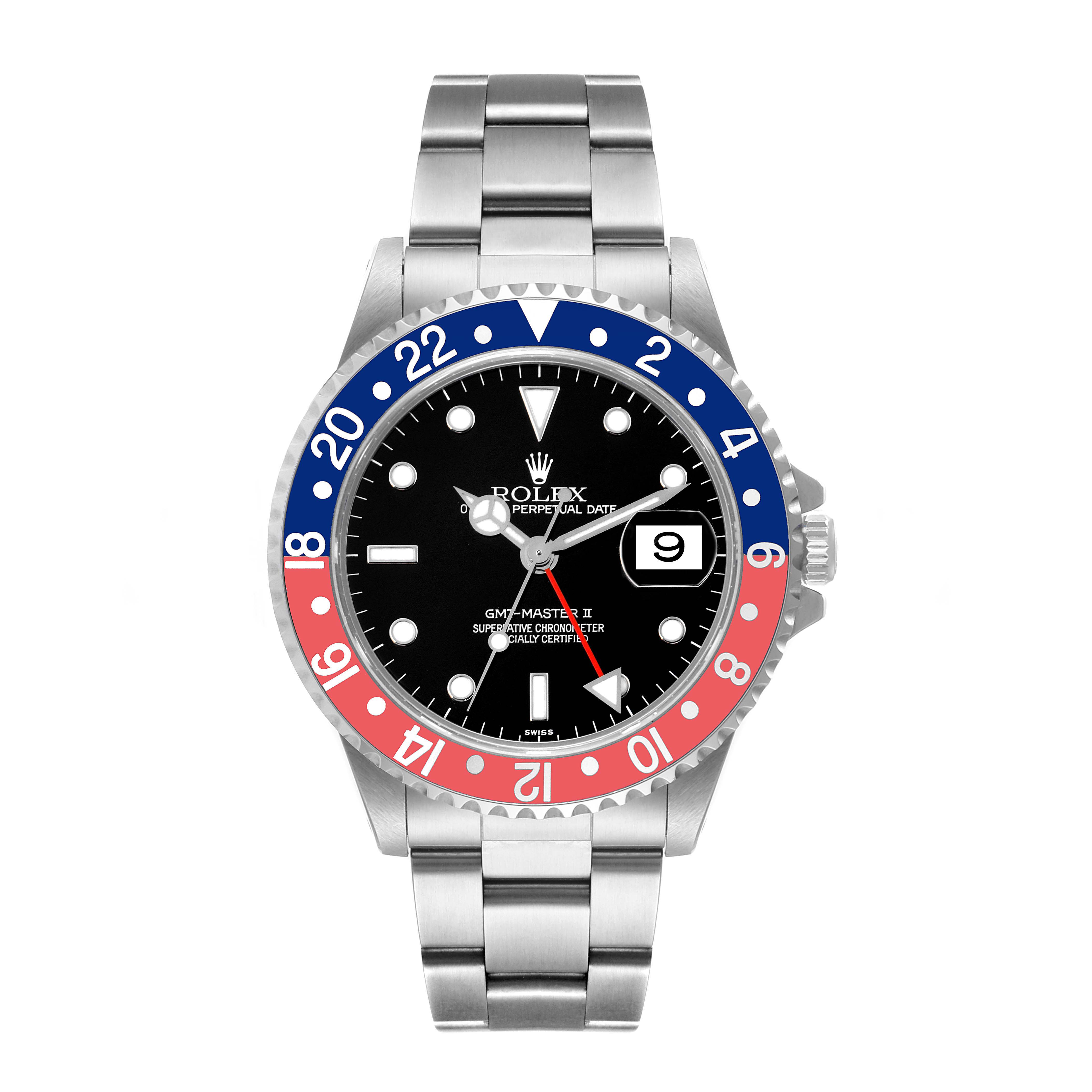 This image shows a front view of a Rolex GMT-Master 16710 Men's Stainless Steel Black Dial 16710 Men's Stainless Steel Black Dial II watch, highlighting its bezel, dial, and stainless steel bracelet.