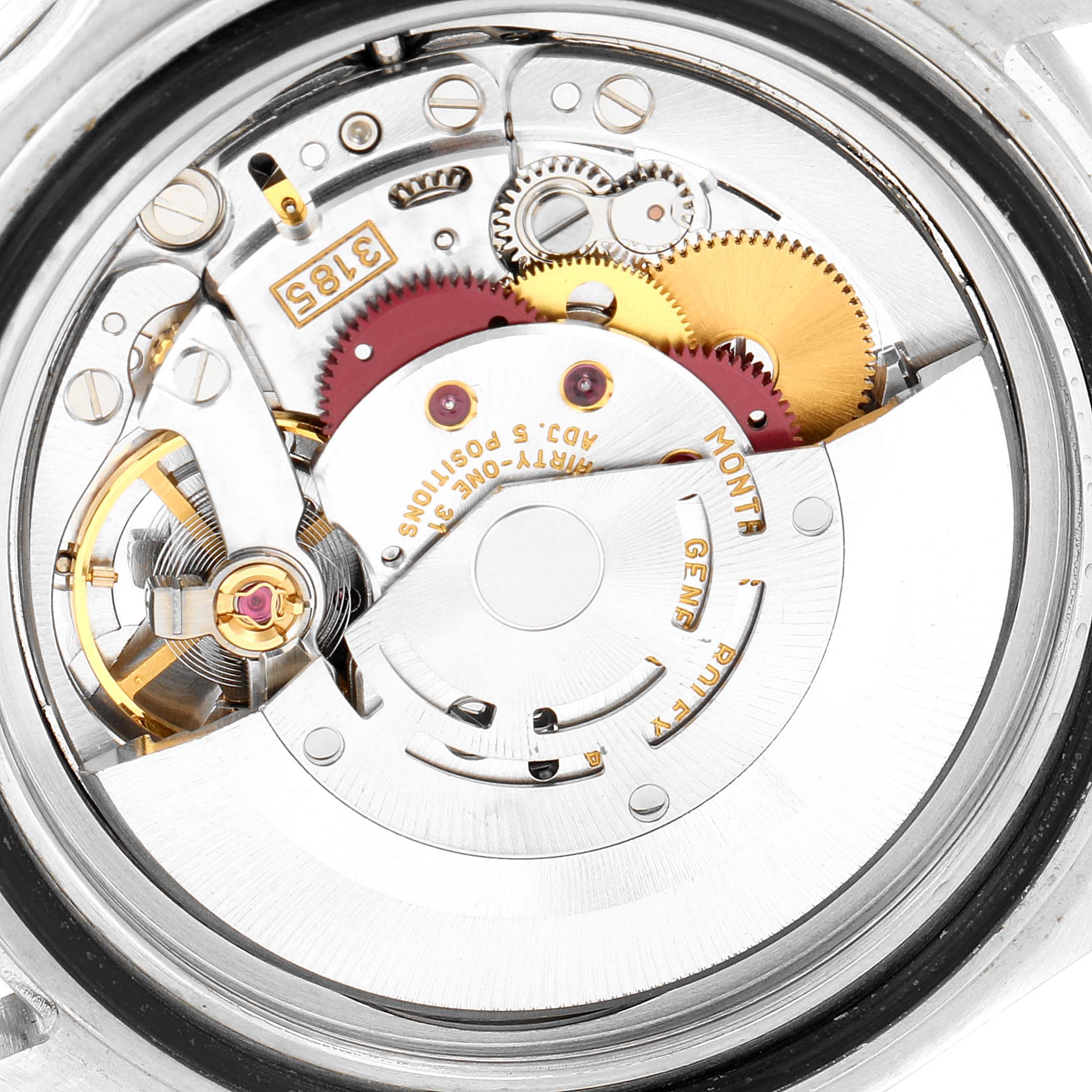 This is an up-close view of the internal mechanical movement of a Rolex GMT-Master 16710 Men's Stainless Steel Black Dial 16710 Men's Stainless Steel Black Dial watch, showing gears and components.