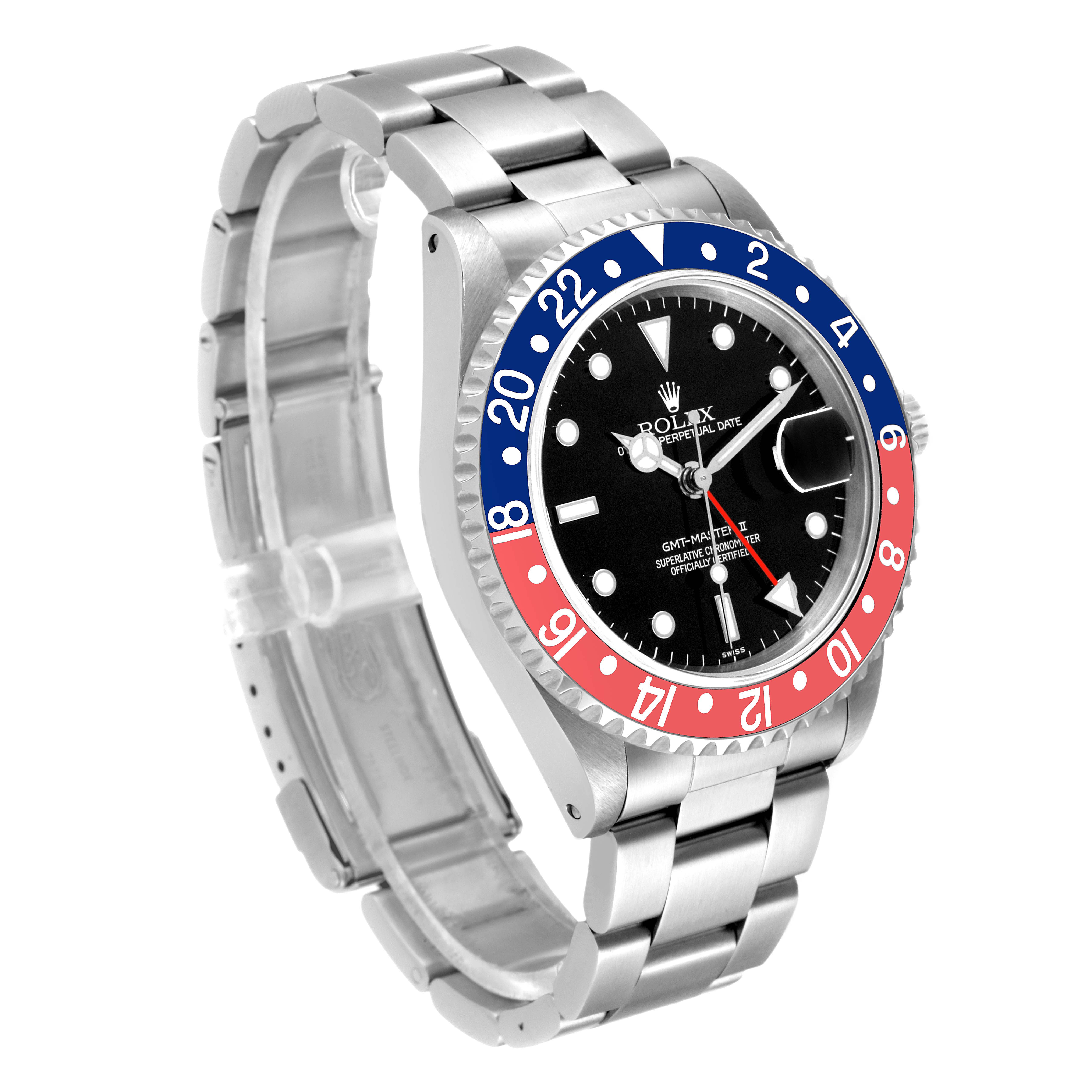 This image shows a Rolex GMT-Master 16710 Men's Stainless Steel Black Dial 16710 Men's Stainless Steel Black Dial watch at a slight angle highlighting the face, bezel, and bracelet.