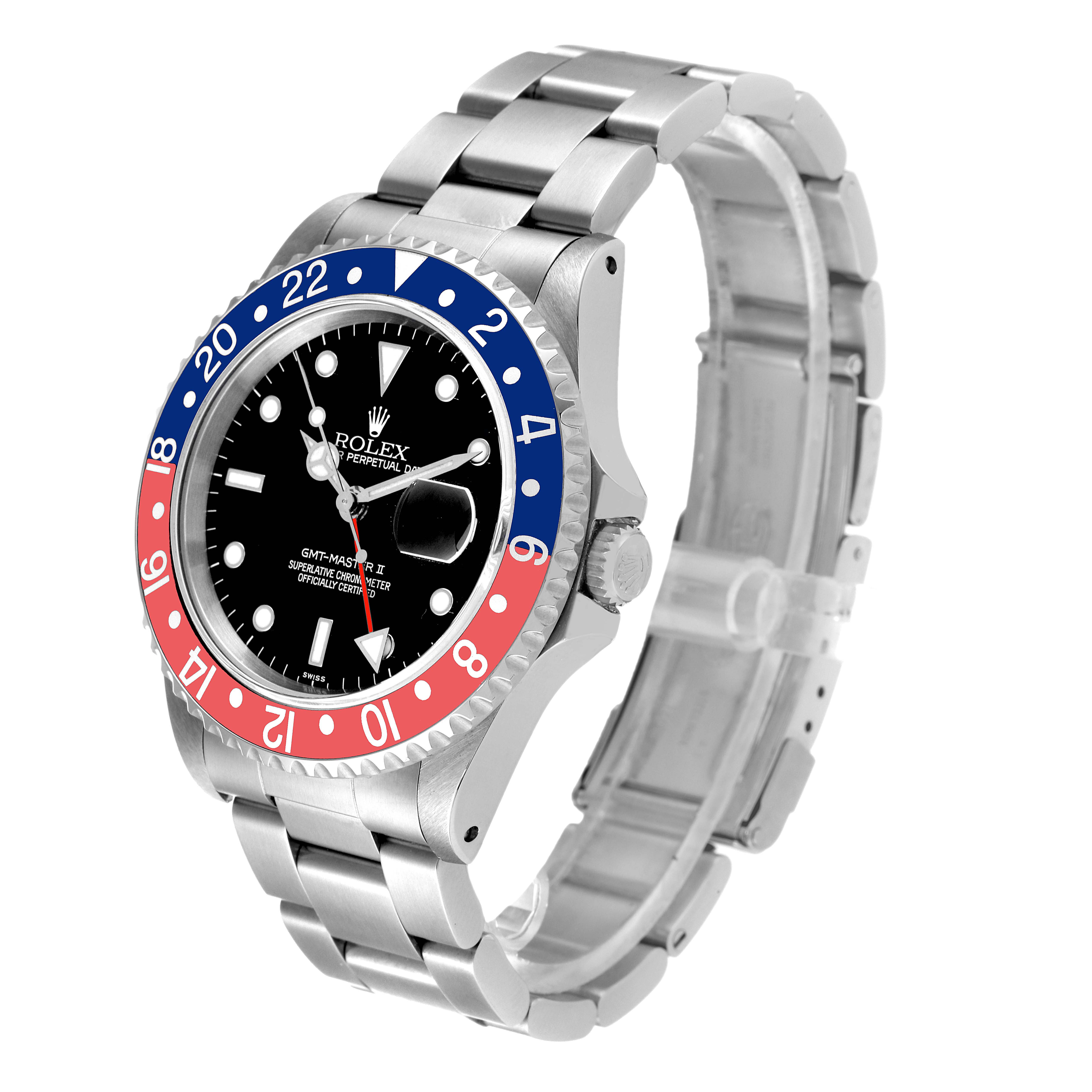 The image shows a Rolex GMT-Master 16710 Men's Stainless Steel Black Dial 16710 Men's Stainless Steel Black Dial II watch at a three-quarter angle, highlighting the bezel, dial, and bracelet.