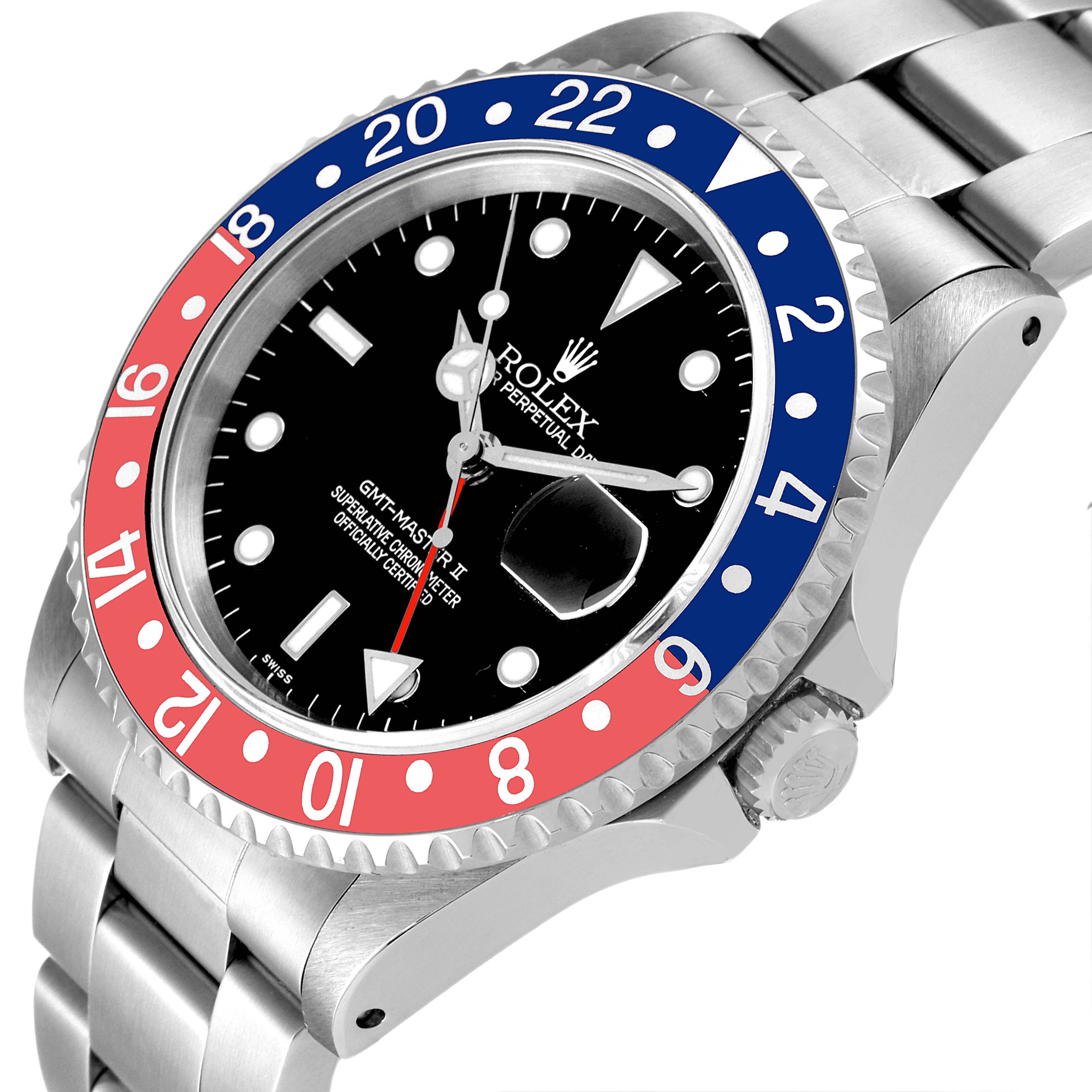 The Rolex GMT-Master 16710 Men's Stainless Steel Black Dial 16710 Men's Stainless Steel Black Dial II watch is shown at an oblique angle displaying the bezel, dial, and part of the bracelet.