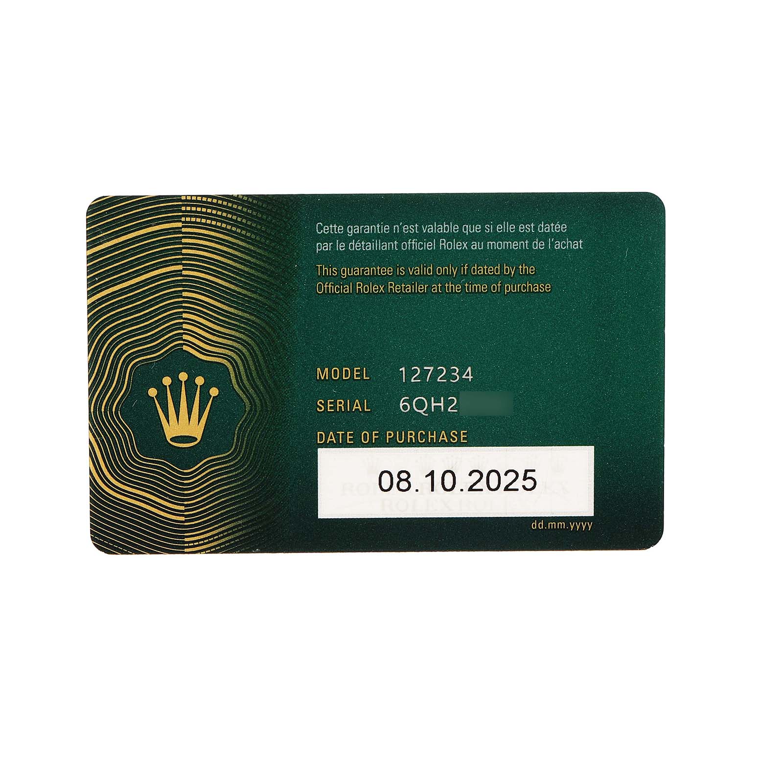 This image shows a Rolex warranty card for model Land-Dweller with details like model number and date.