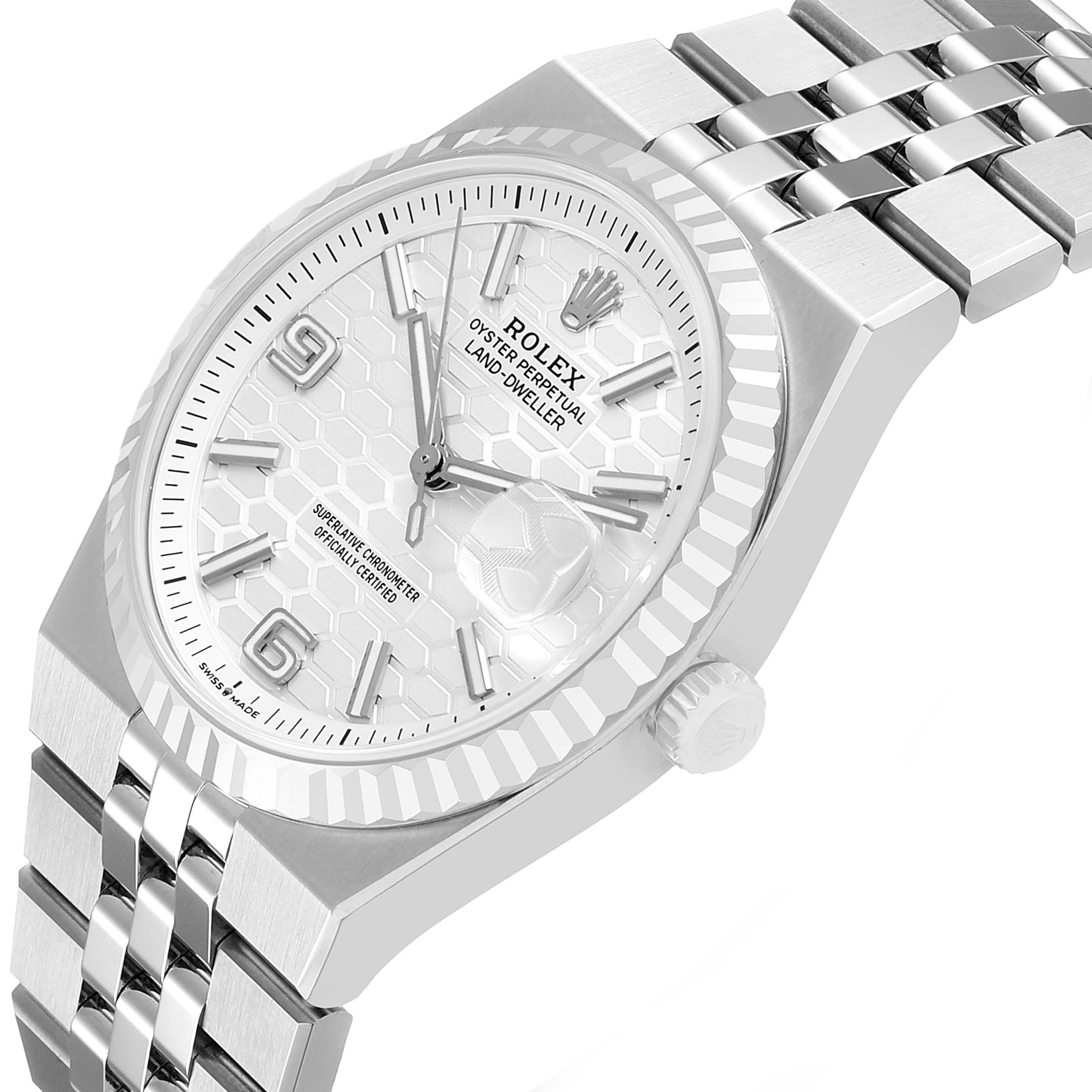 The watch is a Rolex Land‑Dweller 127234 Men's Stainless Steel White Dial shown from a front angle, highlighting its face, bezel, and part of the bracelet.
