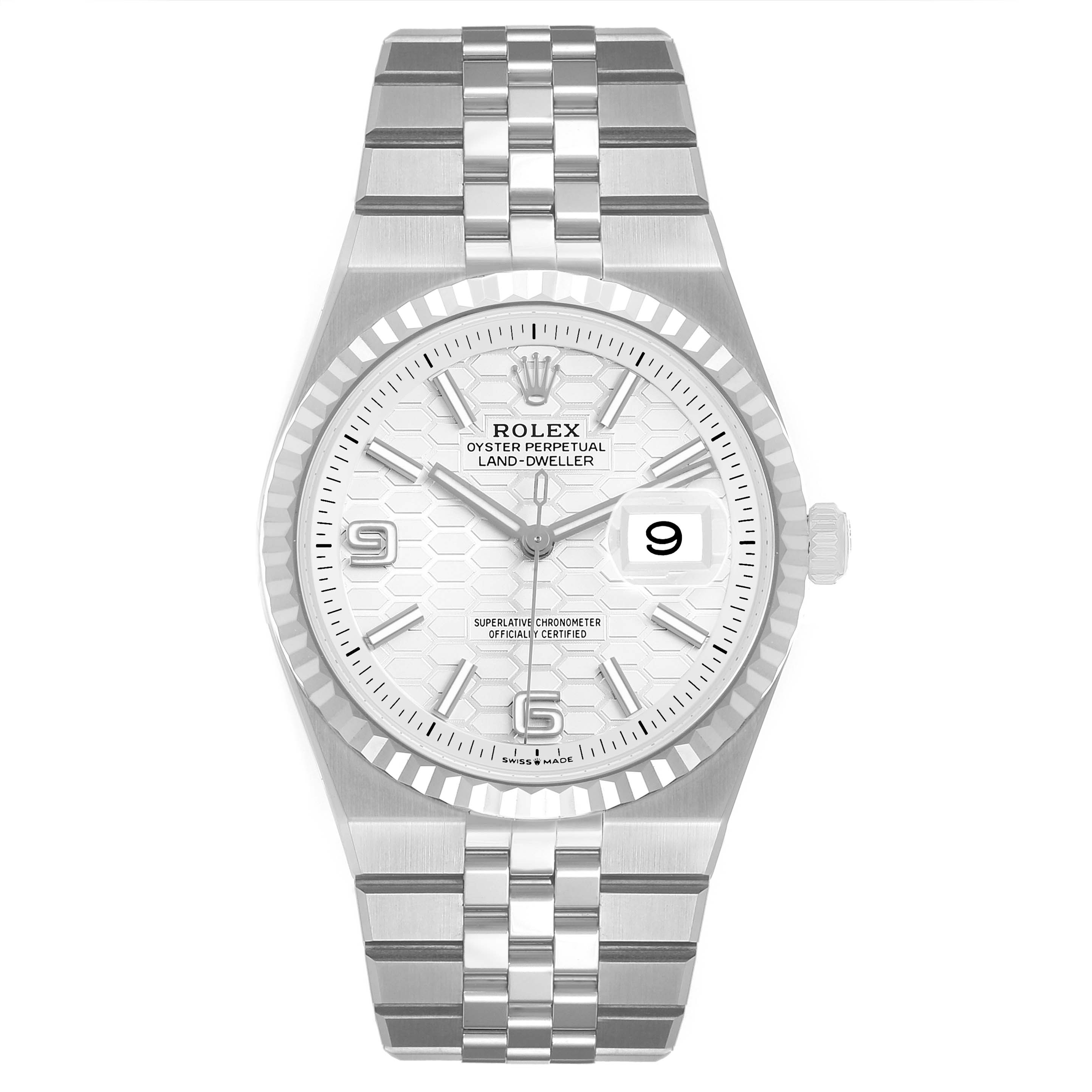 The Rolex Land‑Dweller 127234 Men's Stainless Steel White Dial watch is shown from a top-down angle, displaying the dial, bezel, bracelet, and crown.