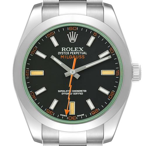 The Rolex Milgauss M116400GV-0001 Men's Stainless Steel Black Dial watch is shown from the front, highlighting the face, markers, hands, and Oyster bracelet.