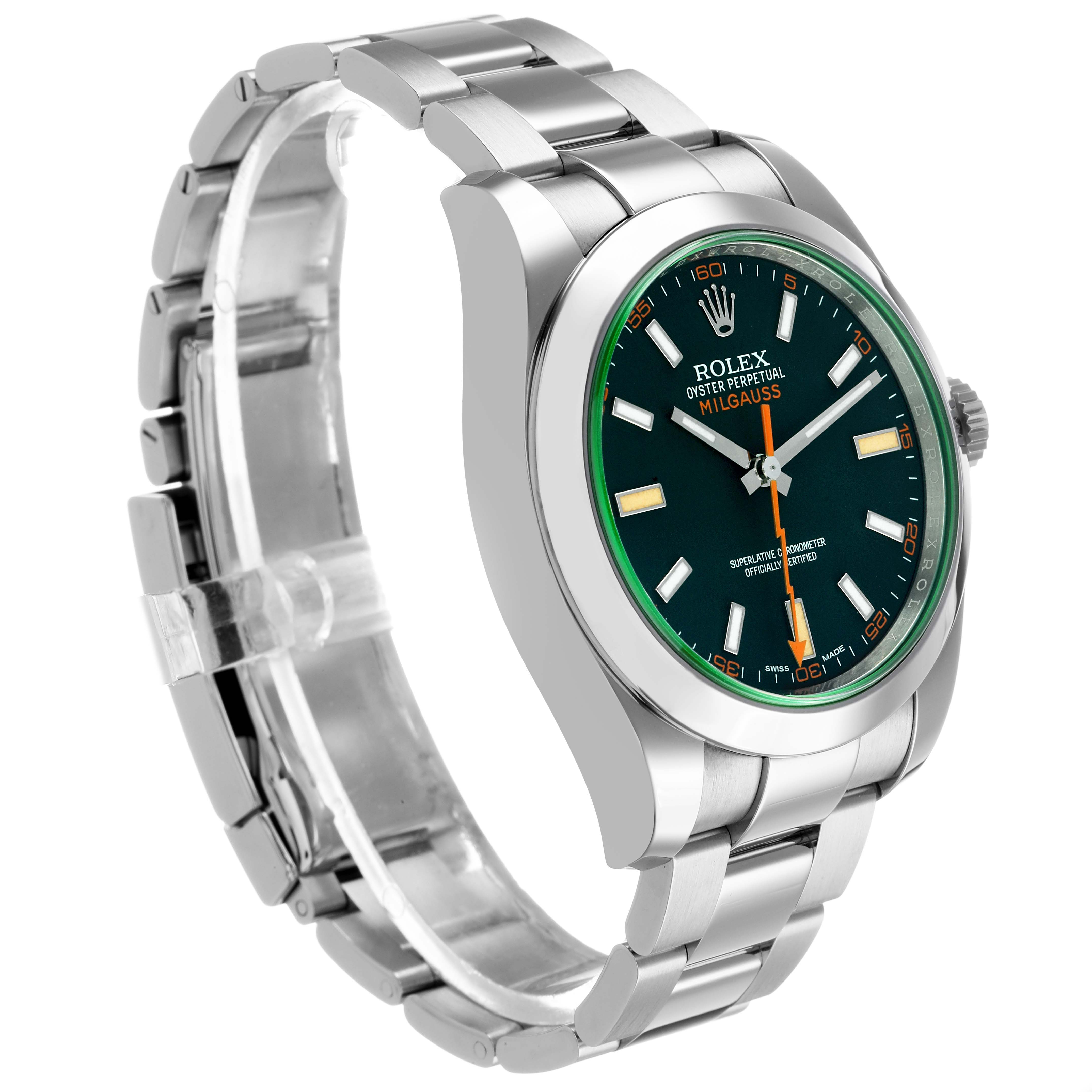 The Rolex Milgauss M116400GV-0001 Men's Stainless Steel Black Dial watch is displayed at a three-quarter angle, showing the bracelet, bezel, and dial.