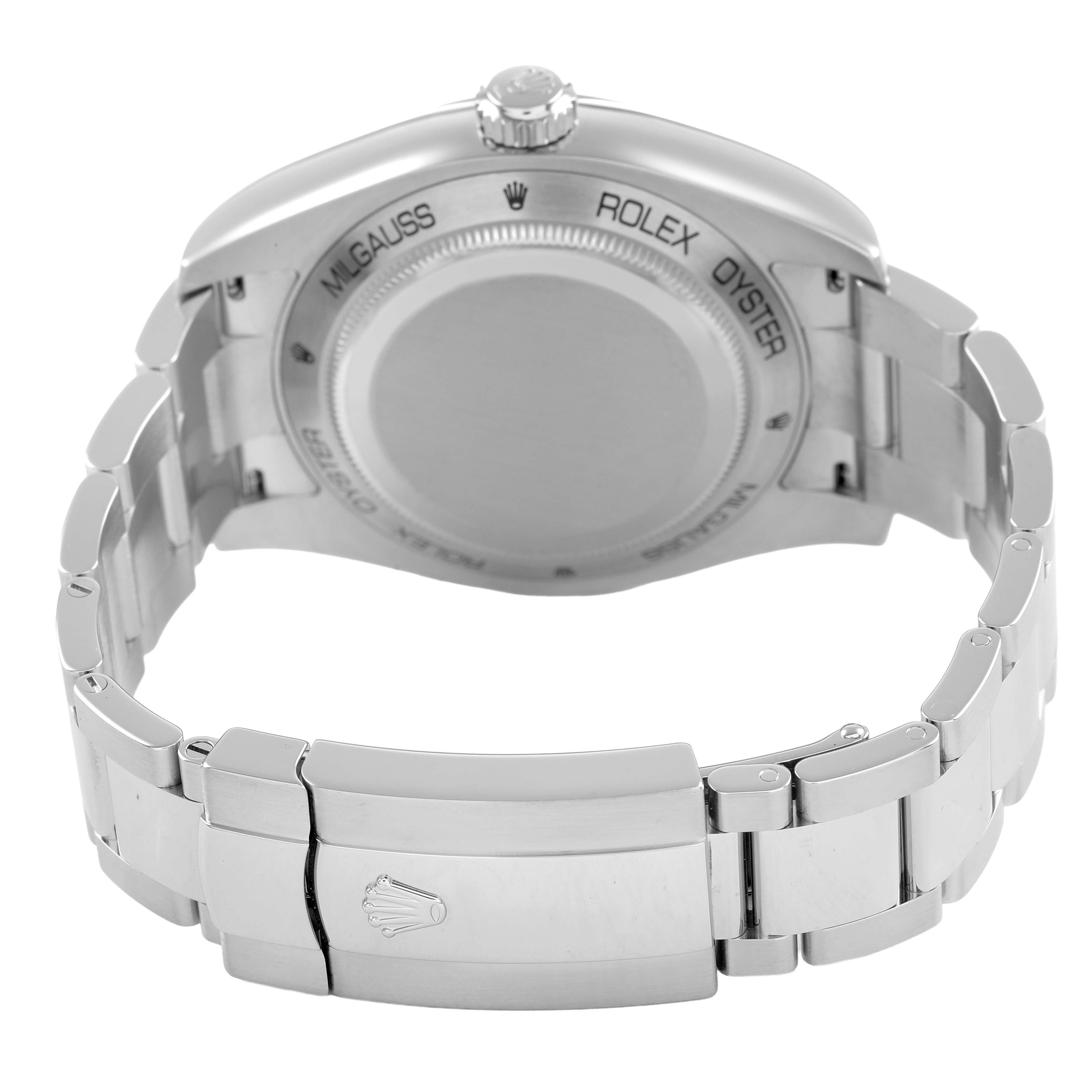 The Rolex Milgauss M116400GV-0001 Men's Stainless Steel Black Dial watch is shown from the back, displaying the case back, bracelet, and clasp.
