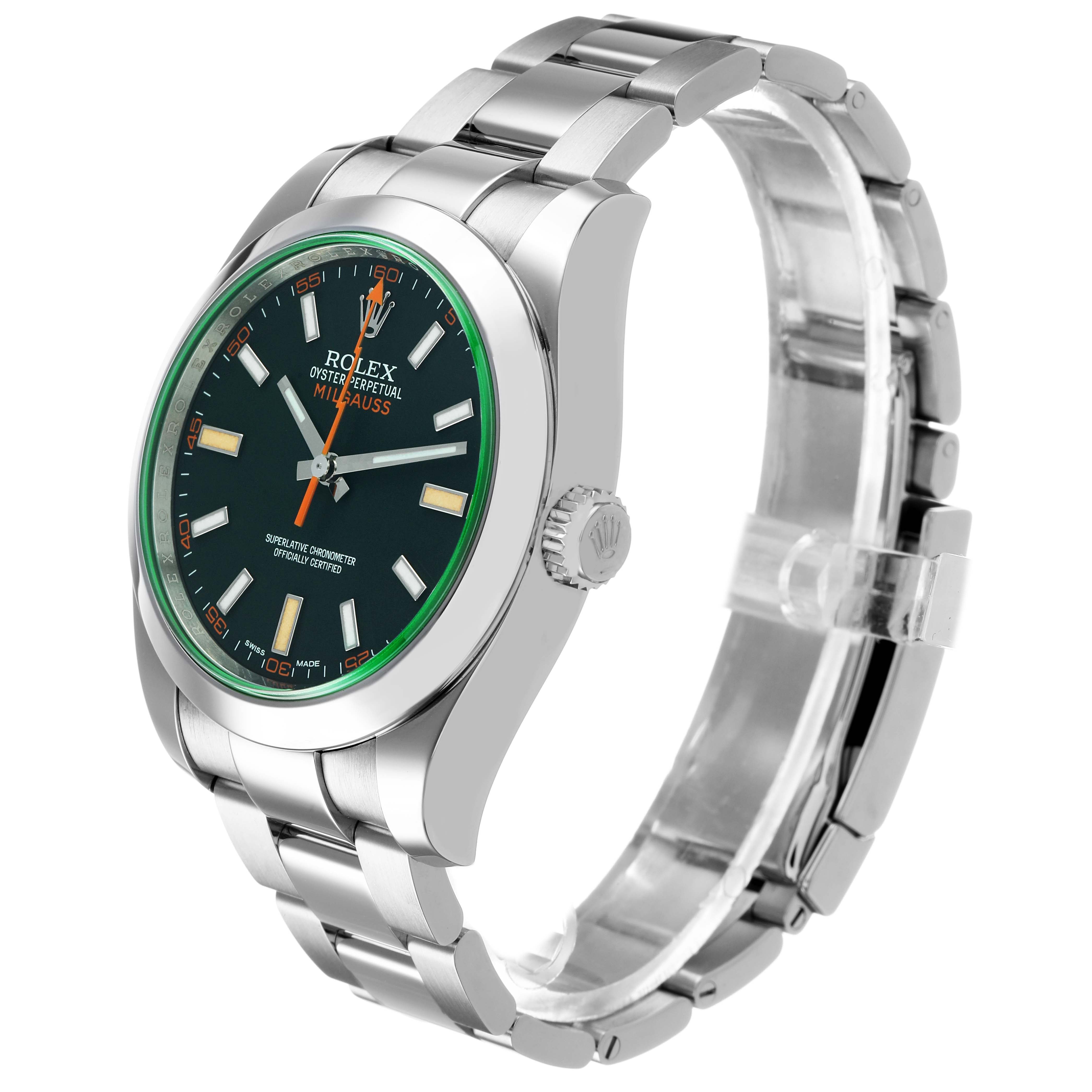 The Rolex Milgauss M116400GV-0001 Men's Stainless Steel Black Dial watch is shown at a three-quarter angle, displaying the face, crown, and bracelet.