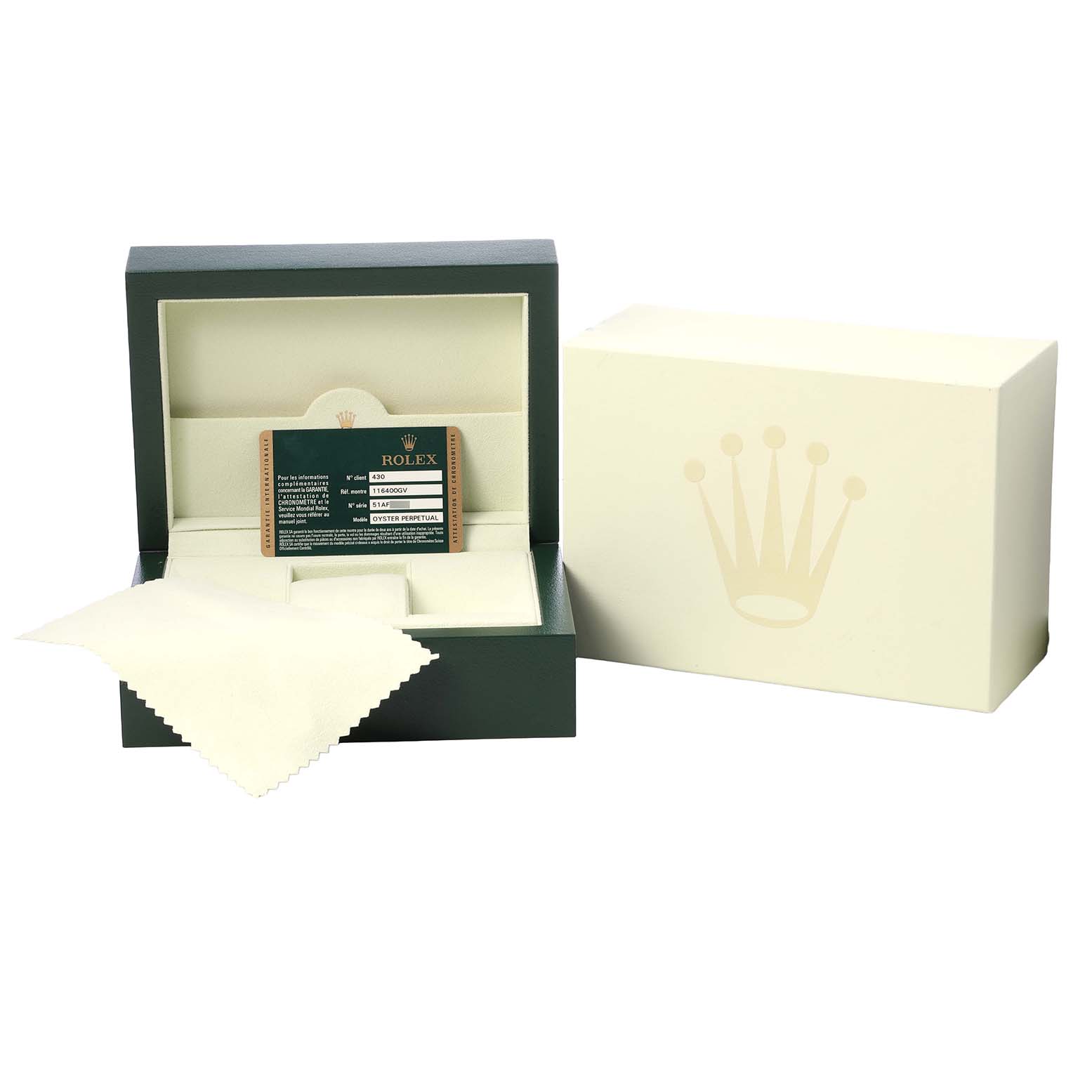 The image shows the Rolex Milgauss M116400GV-0001 Men's Stainless Steel Black Dial watch box, authenticity card, and polishing cloth from a front angle.