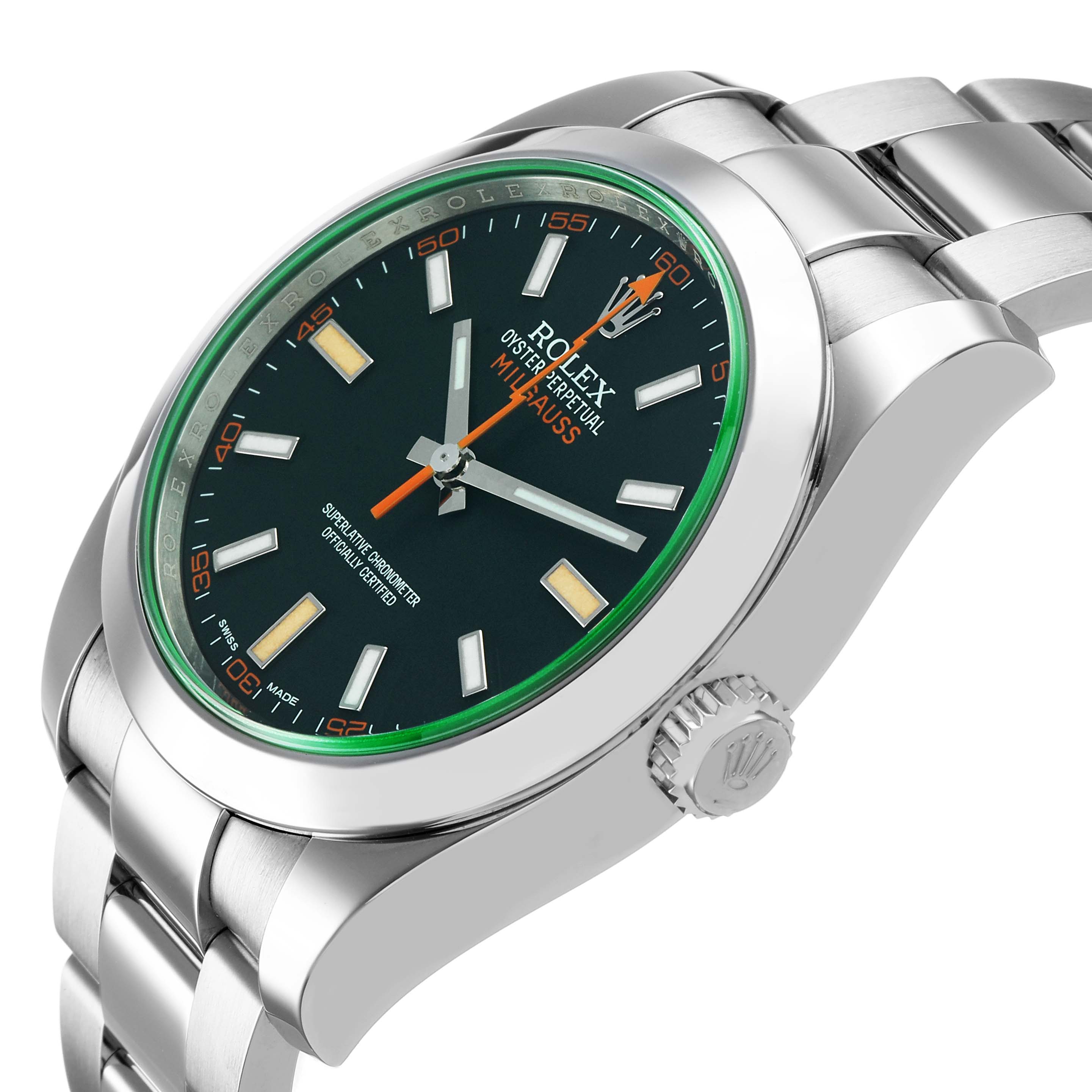 The image shows a side angle of the Rolex Milgauss M116400GV-0001 Men's Stainless Steel Black Dial, highlighting the dial, bezel, crown, and bracelet.