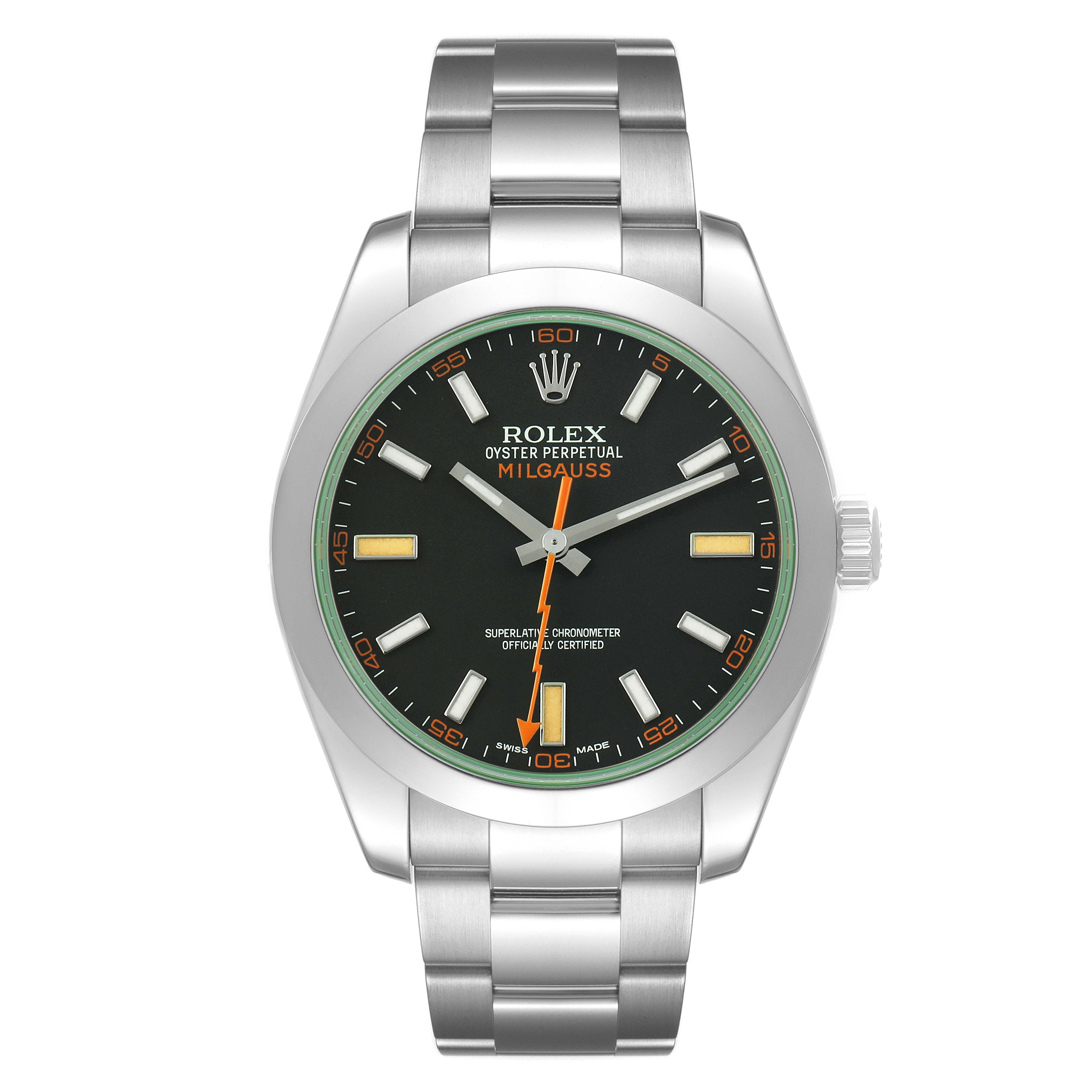 The image shows a front view of the Rolex Milgauss M116400GV-0001 Men's Stainless Steel Black Dial watch, highlighting its dial, bezel, case, and bracelet.