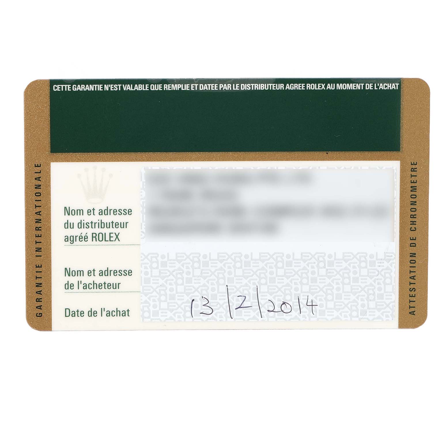 The image shows a warranty card for the Rolex Milgauss M116400GV-0001 Men's Stainless Steel Black Dial model, featuring details like purchase date and distributor information.