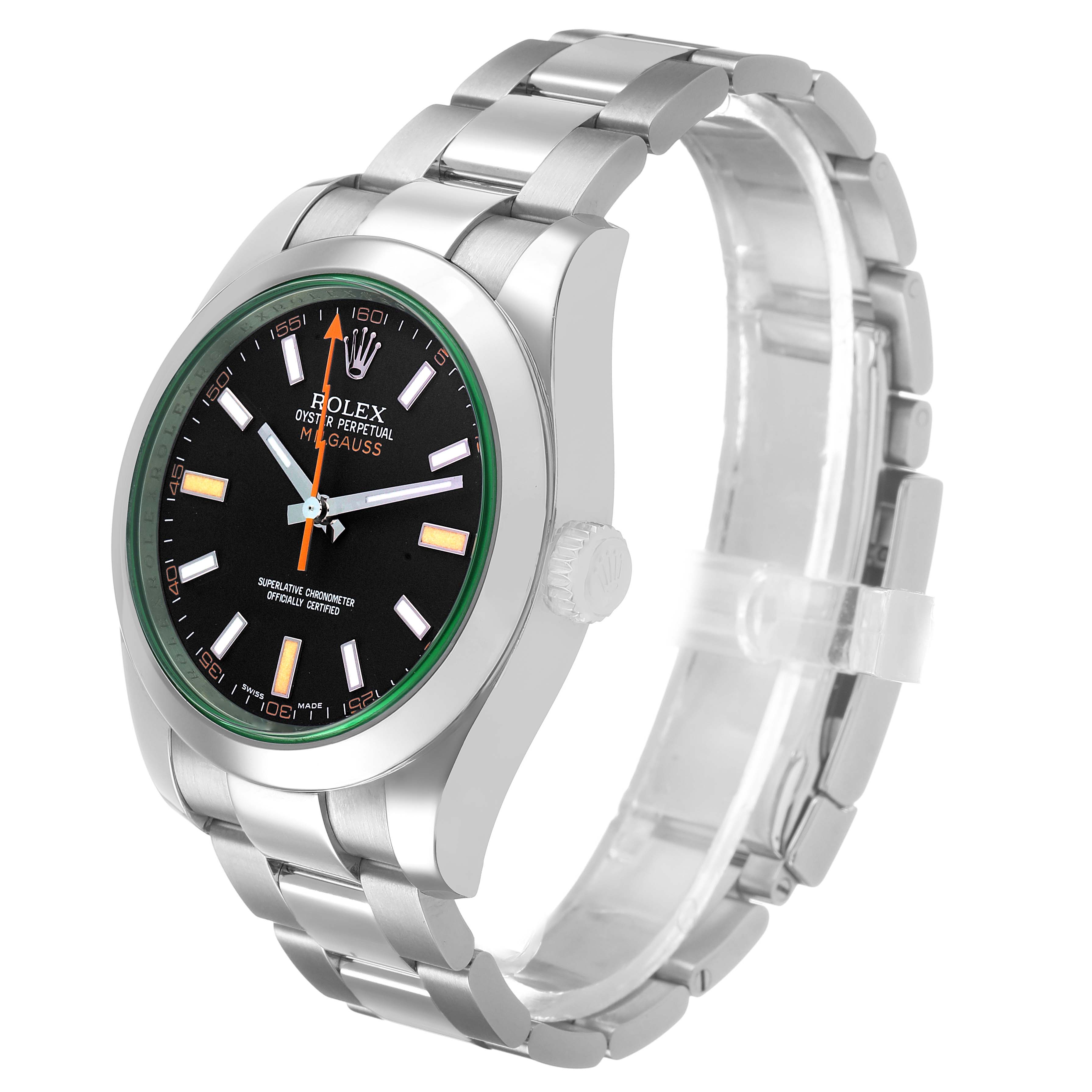 The Rolex Milgauss 116400GV Men's Stainless Steel Black Dial watch is shown at a three-quarter angle, highlighting the face, bezel, and partially the bracelet.