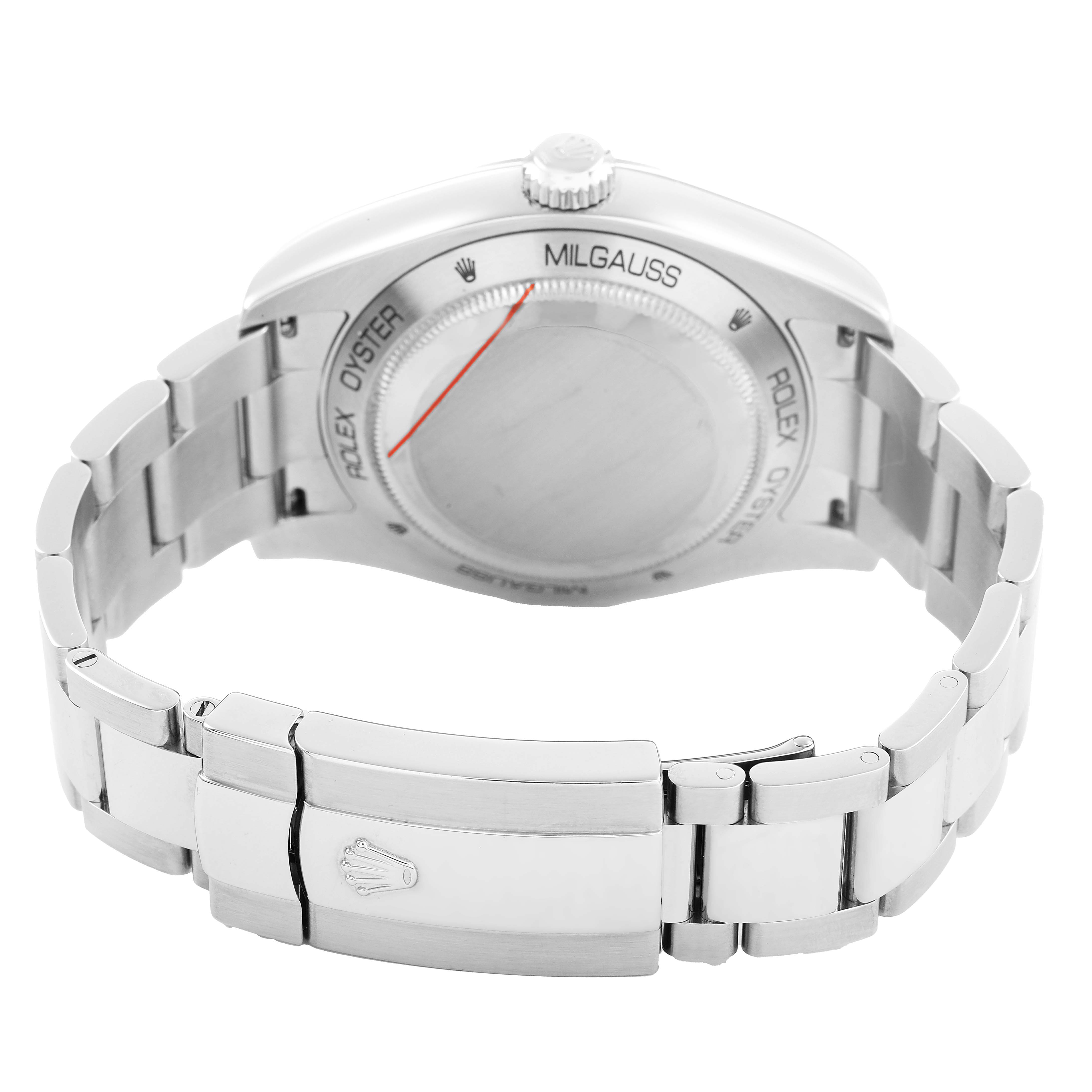 The image shows the Rolex Milgauss 116400GV Men's Stainless Steel Black Dial watch from the back, highlighting the case back, bracelet, and clasp.
