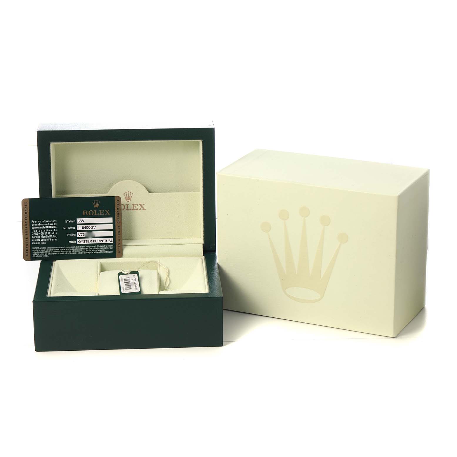 The Rolex Milgauss 116400GV Men's Stainless Steel Black Dial watch packaging is shown with an open green box, warranty card, and outer box with a logo.