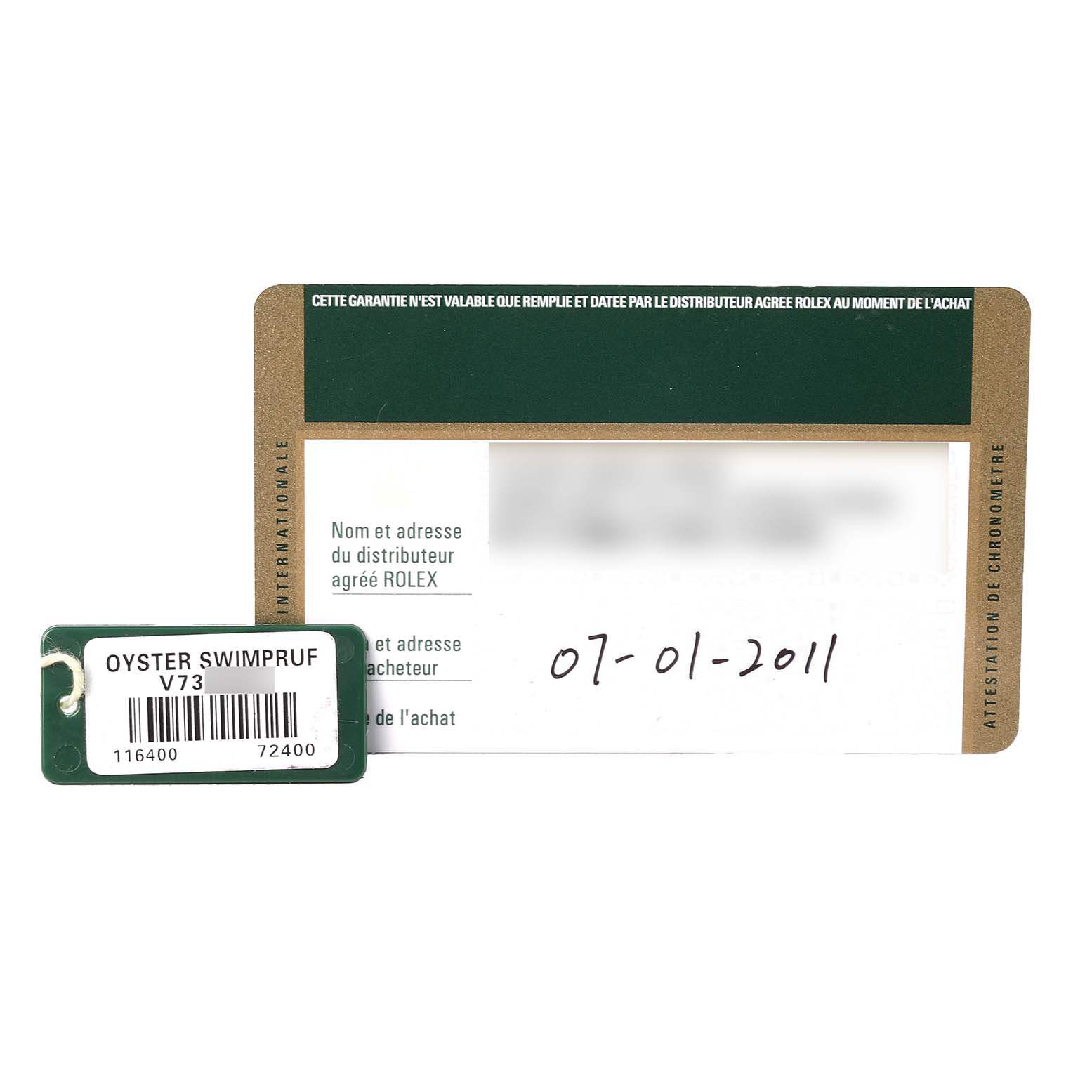 The image shows warranty and tag accessories for a Rolex Milgauss 116400GV Men's Stainless Steel Black Dial watch, including a card with date and a barcode tag.