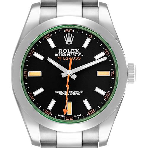 Photo of Rolex Milgauss Steel Green Crystal Black Dial Mens Watch 116400GV Box Card