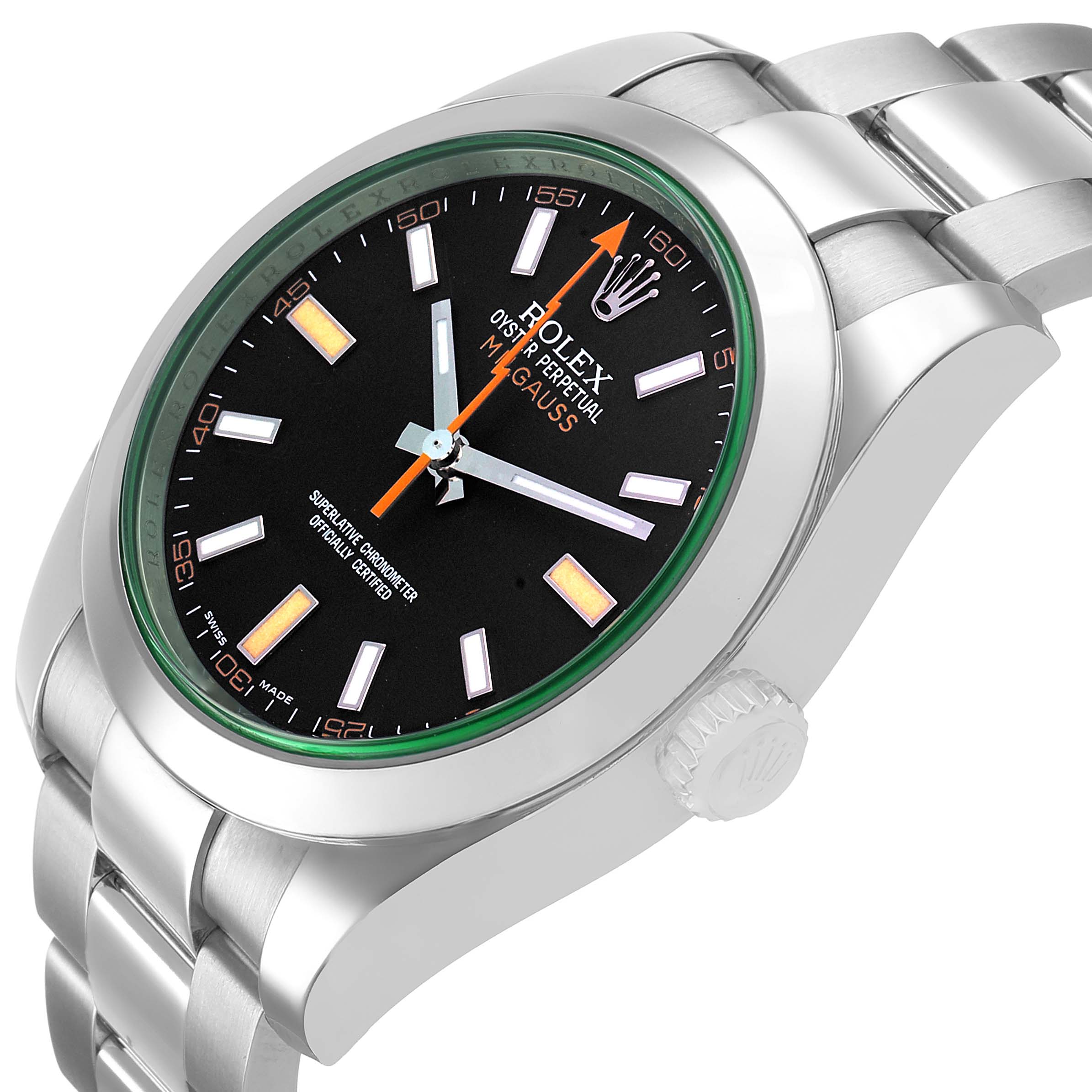 The Rolex Milgauss 116400GV Men's Stainless Steel Black Dial watch is shown at a slight angle, highlighting its face, bezel, and bracelet.