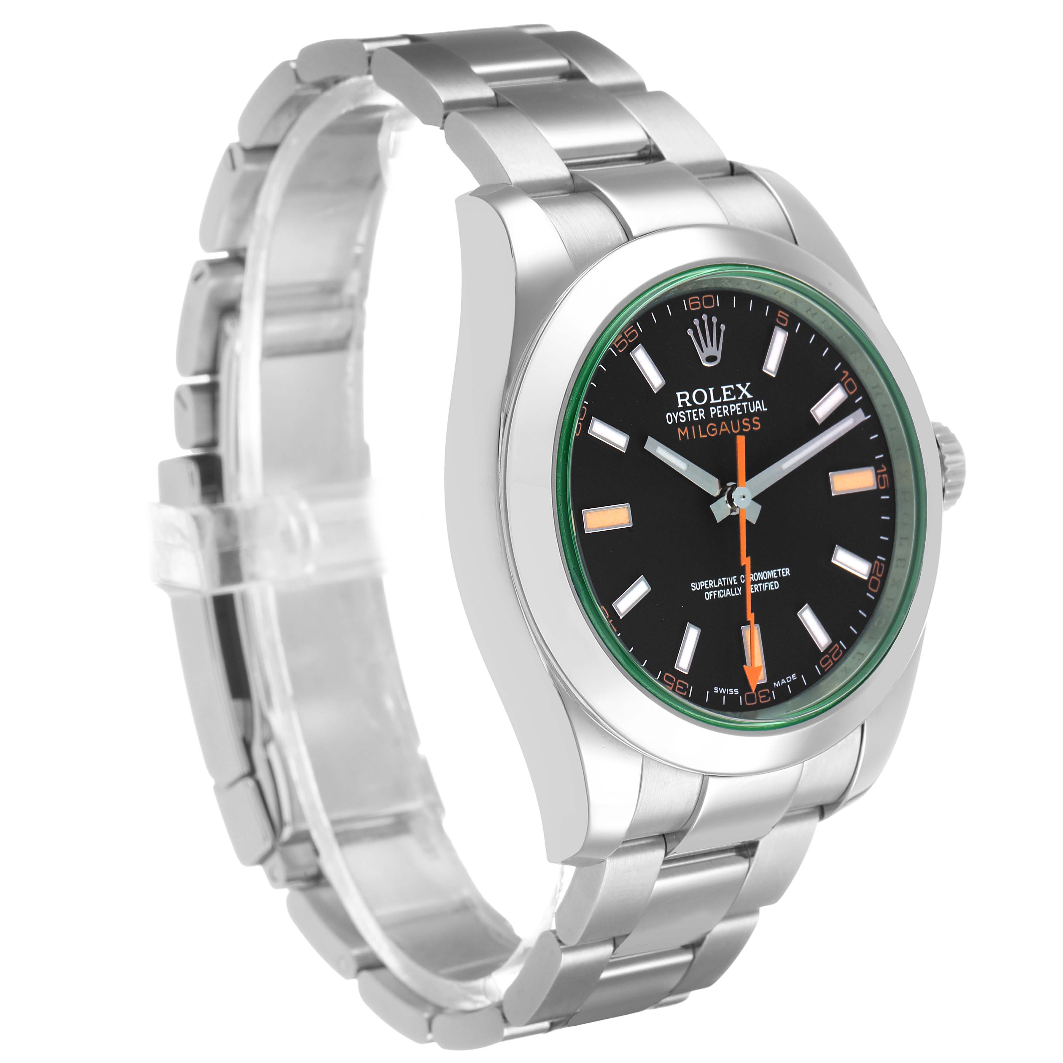 The Rolex Milgauss 116400GV Men's Stainless Steel Black Dial is shown from a three-quarter angle, highlighting the face, bezel, crown, and part of the bracelet.