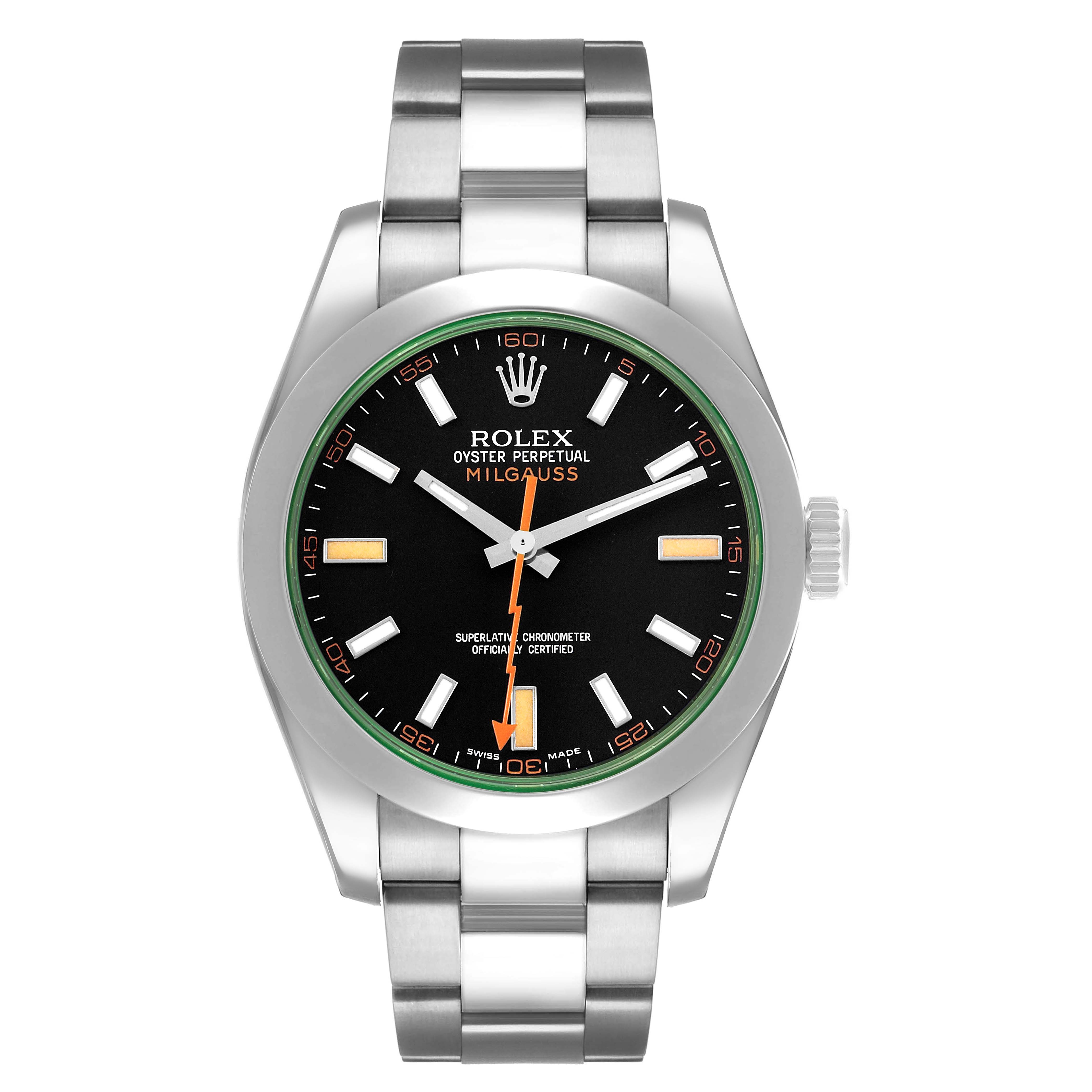 The Rolex Milgauss 116400GV Men's Stainless Steel Black Dial watch is shown from the front, displaying the face, case, and bracelet clearly.