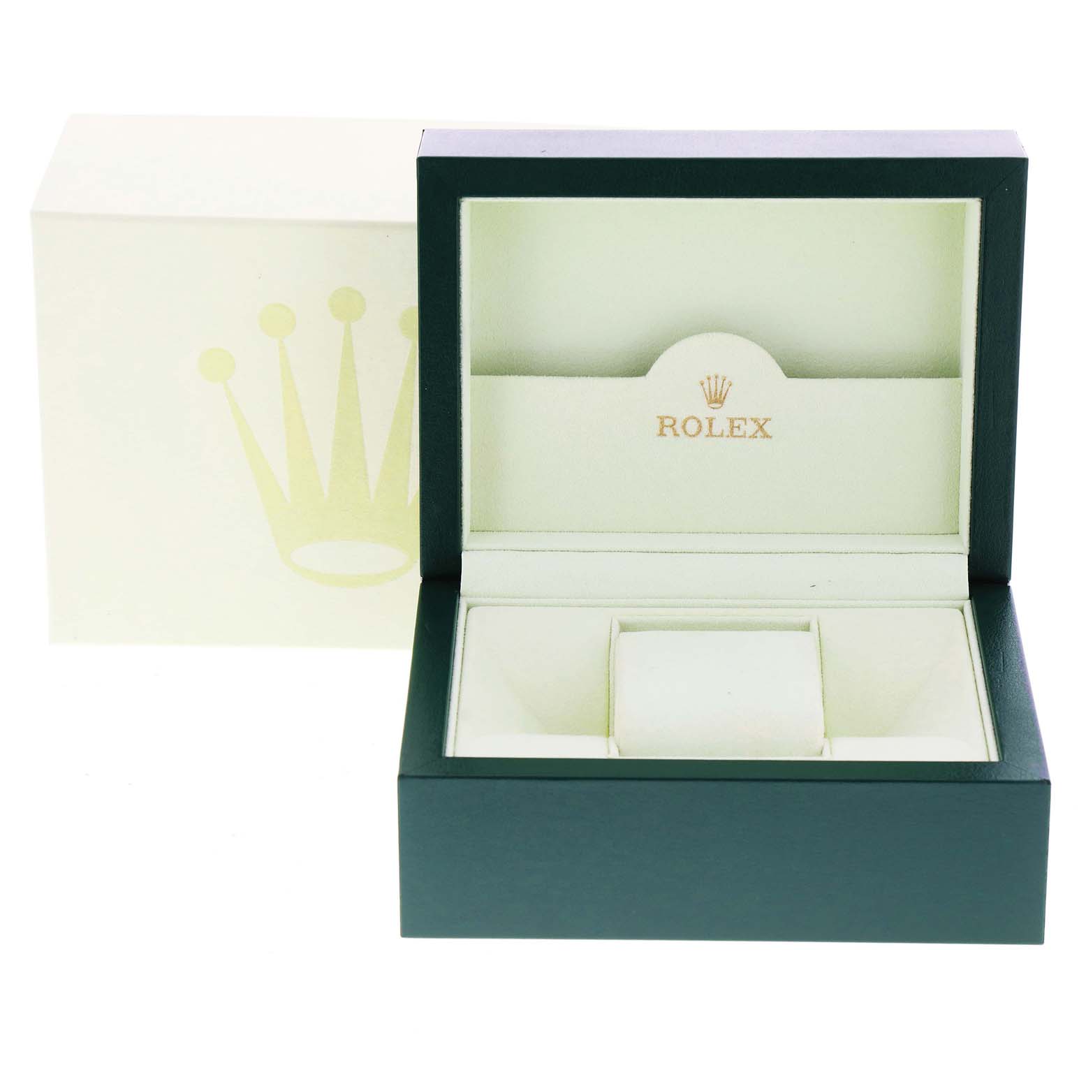 The image shows an open Rolex watch box for the Oyster Perpetual model, displaying the inner cushion and the Rolex logo.