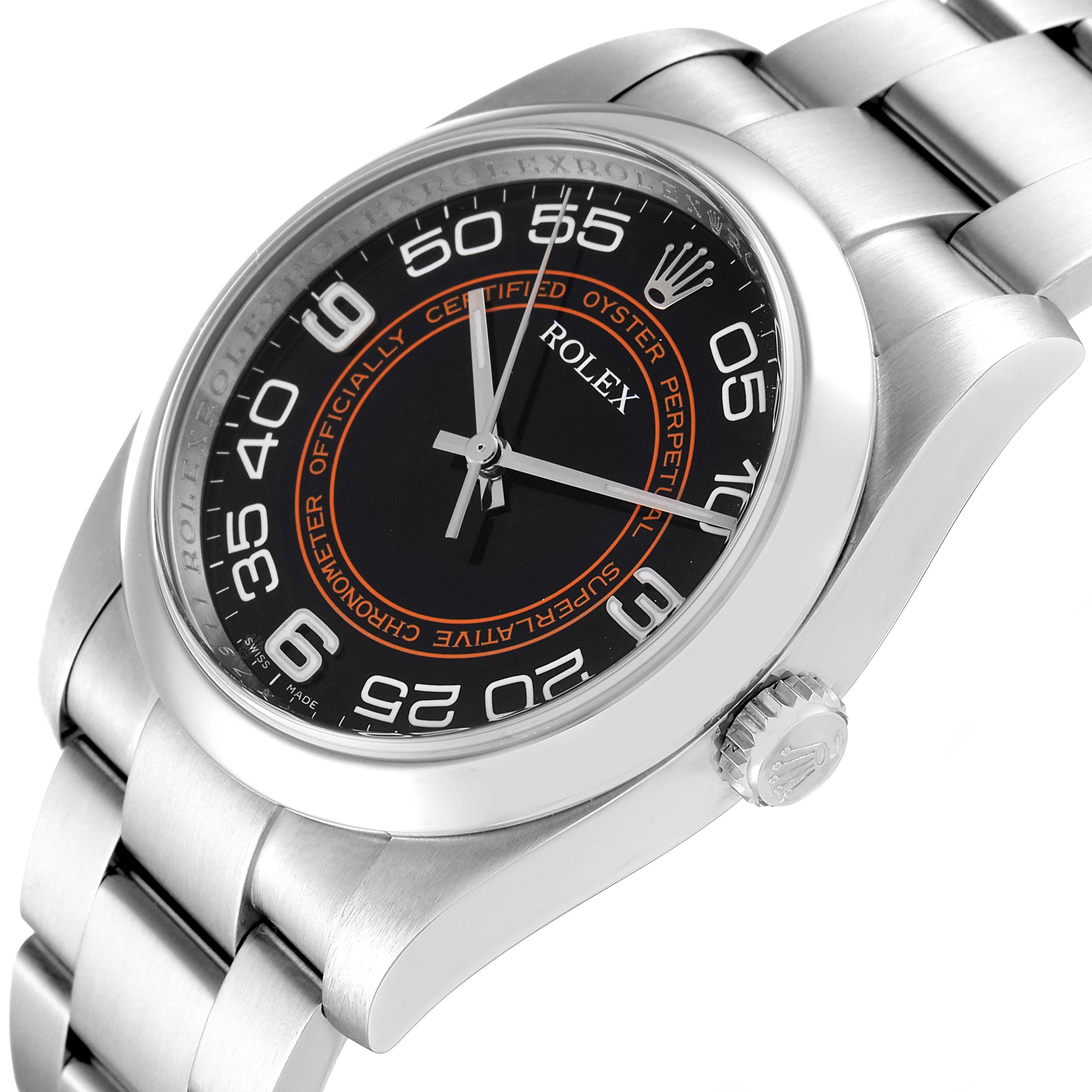 The image shows the face and side profile of the Rolex Oyster Perpetual 116000 Men's Stainless Steel Black Dial 116000 Men's Stainless Steel Black Dial watch, highlighting the dial, bezel, and bracelet.