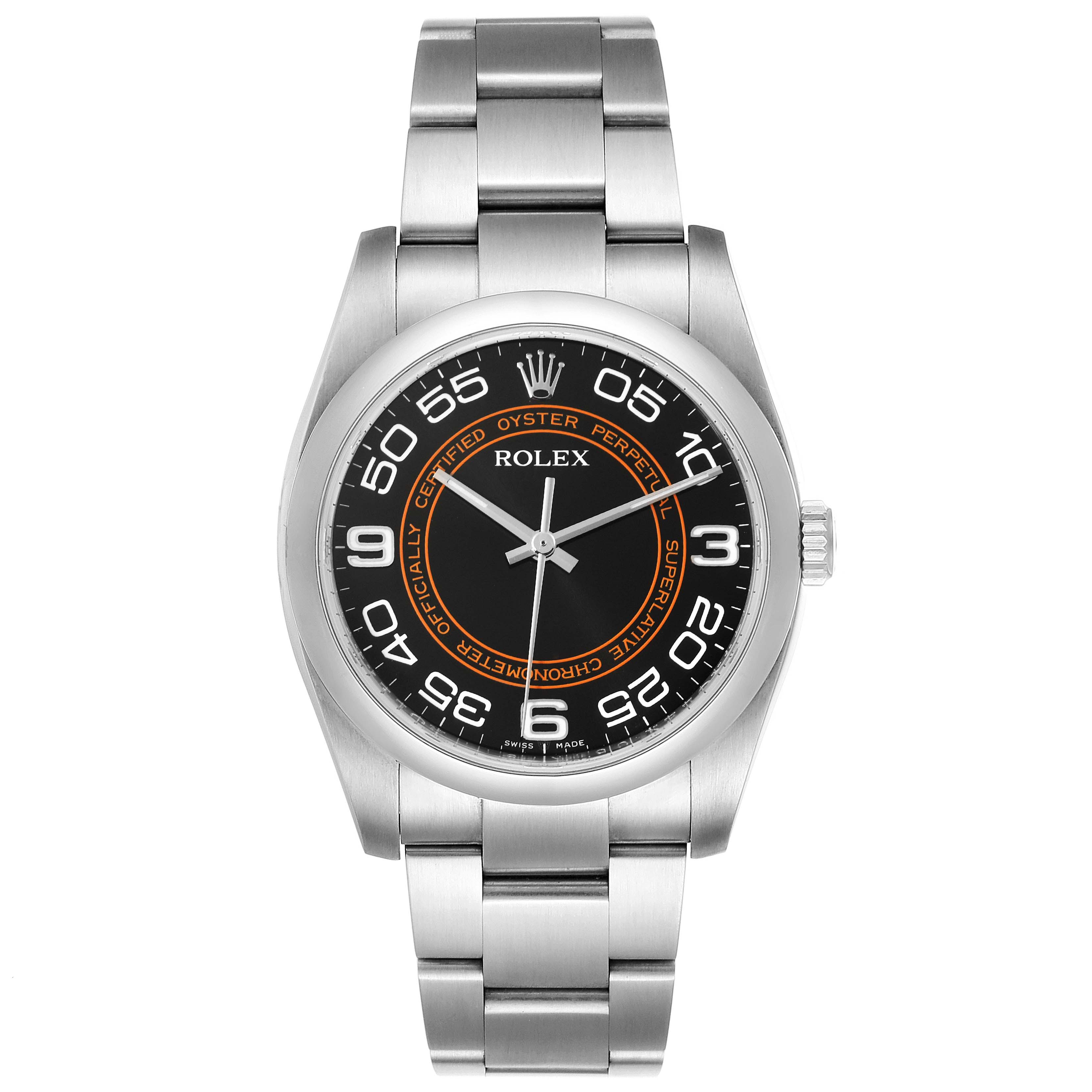 The image shows a front view of a Rolex Oyster Perpetual 116000 Men's Stainless Steel Black Dial 116000 Men's Stainless Steel Black Dial watch, displaying its dial, case, and bracelet.