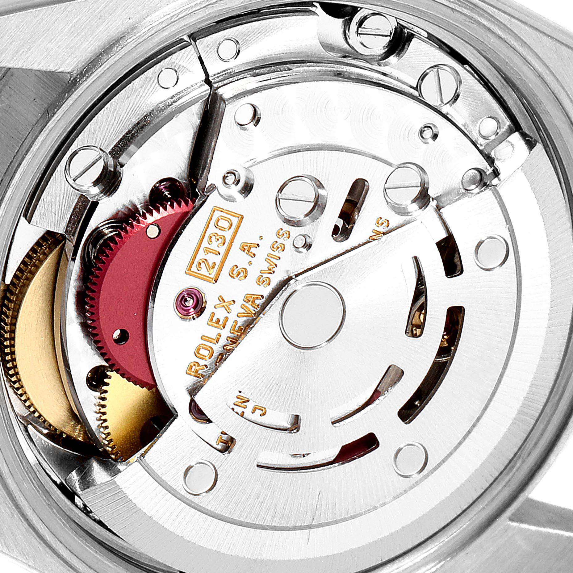 This image shows a close-up of the movement and internal mechanisms of a Rolex Oyster Perpetual 67230 Women
s Stainless Steel Blue Dial 67230 Women
s Stainless Steel Blue Dial watch.