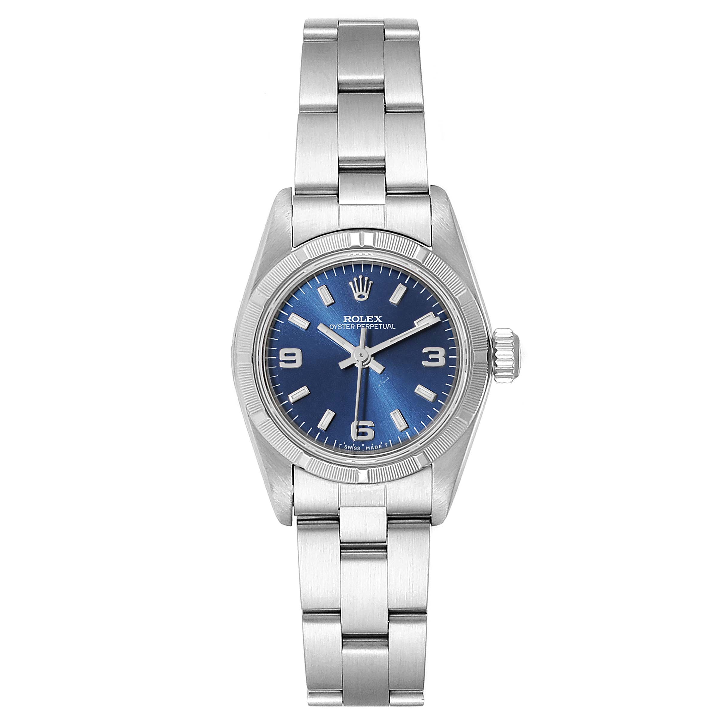 This image shows a front view of the Rolex Oyster Perpetual 67230 Women
s Stainless Steel Blue Dial 67230 Women
s Stainless Steel Blue Dial watch, featuring a blue dial and a silver bracelet.