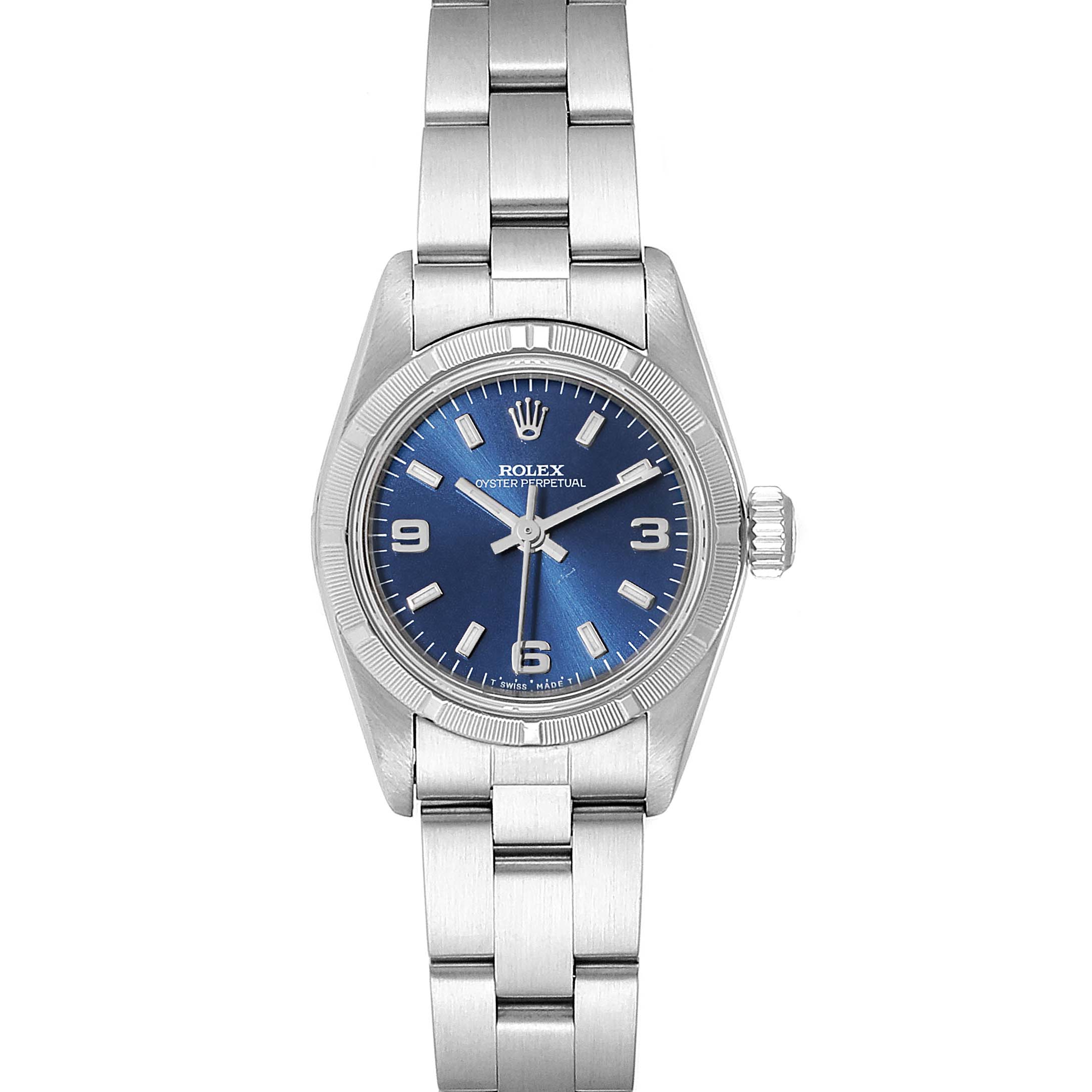 This image shows a front view of a Rolex Oyster Perpetual 67230 Women
s Stainless Steel Blue Dial 67230 Women
s Stainless Steel Blue Dial watch, displaying the blue dial, case, and metal bracelet.