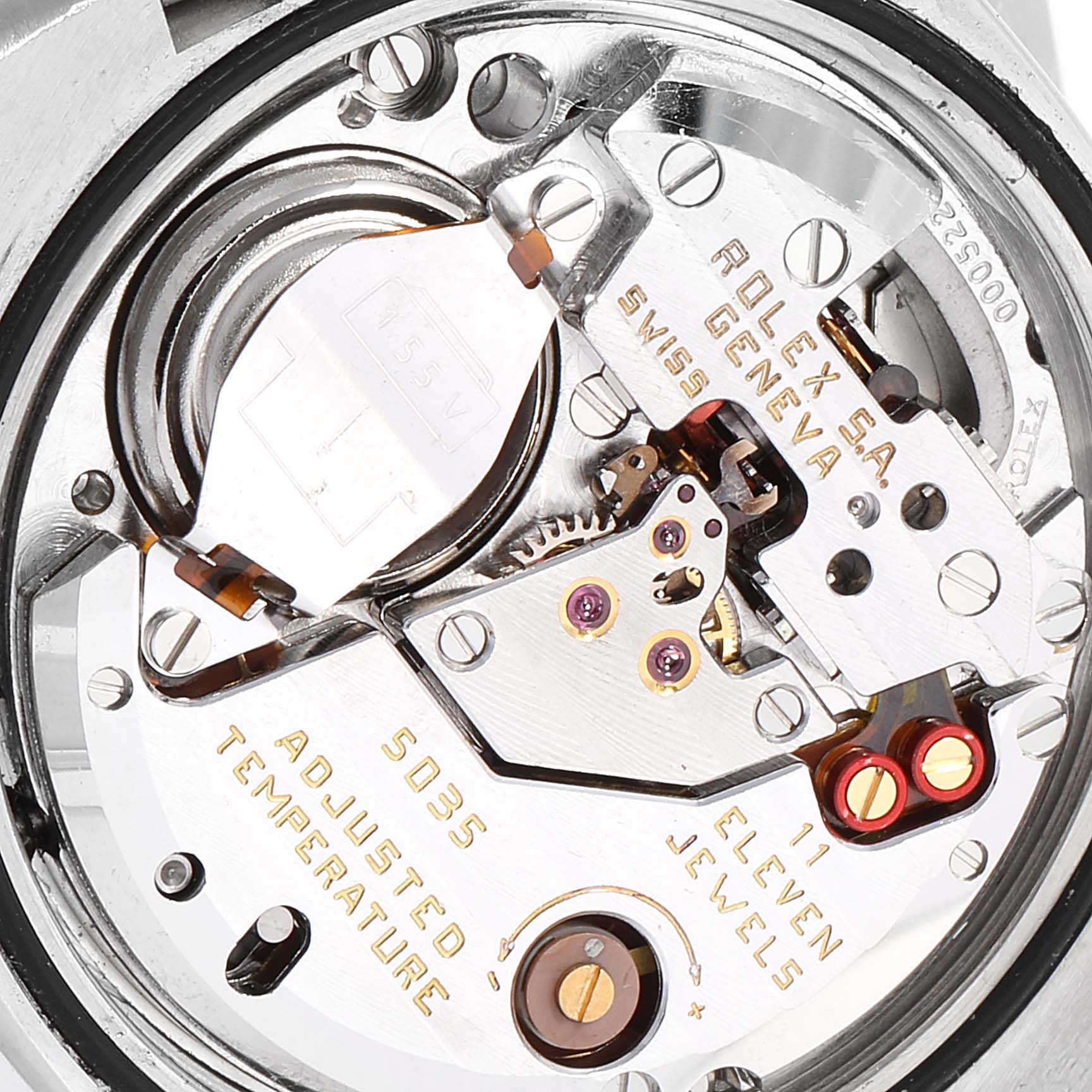 The image shows the inner movement mechanism of the Rolex Oysterquartz 17013 Men's Steel and Gold (two tone) Silver Dial 17013 Men's Steel and Gold (two tone) Silver Dial model from a close-up, top-down angle.