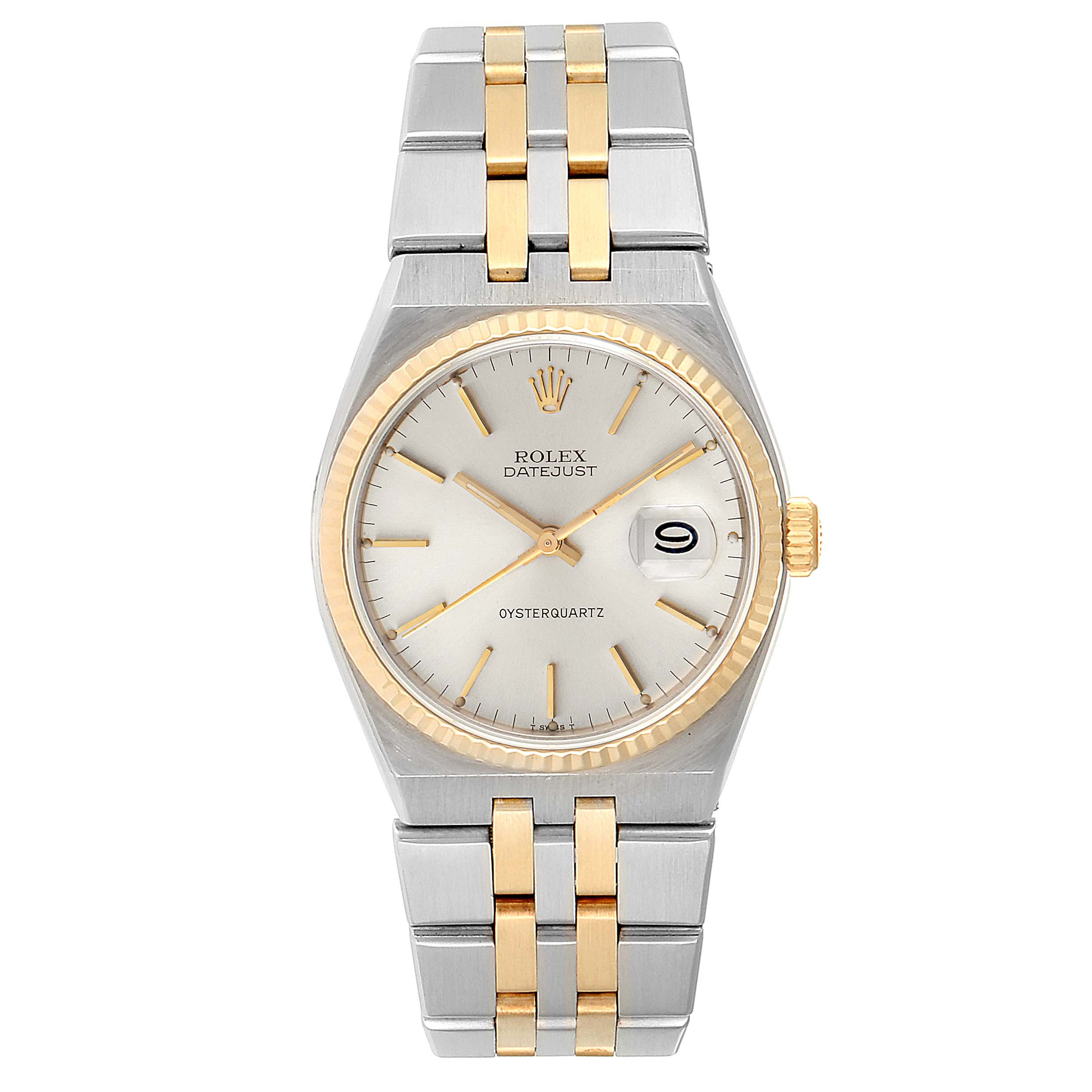 This image shows a Rolex Oysterquartz 17013 Men's Steel and Gold (two tone) Silver Dial 17013 Men's Steel and Gold (two tone) Silver Dial watch from a front angle, highlighting its face, dial, bracelet, and bezel.