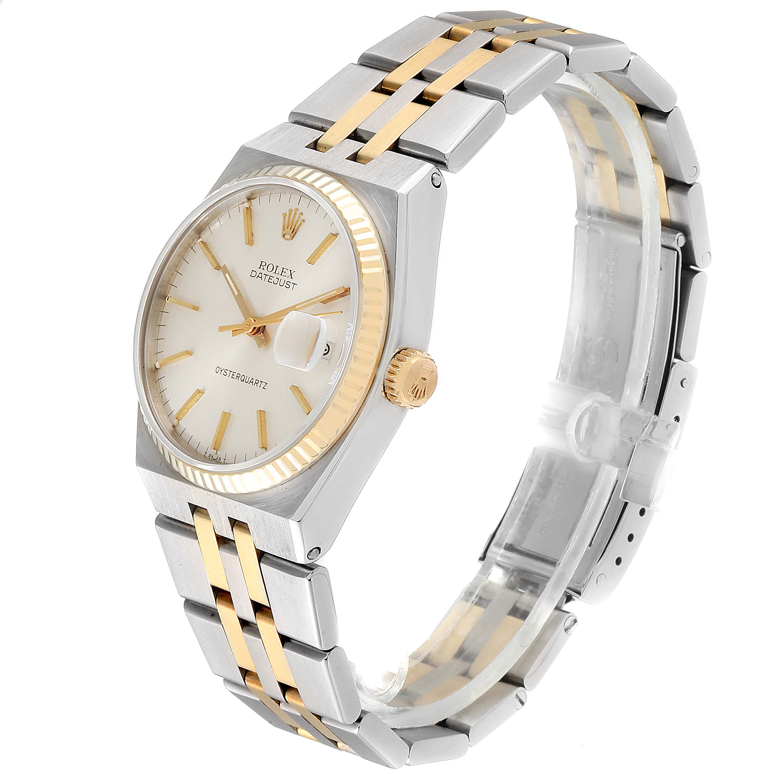 The image shows a side and front angle of the Rolex Oysterquartz 17013 Men's Steel and Gold (two tone) Silver Dial 17013 Men's Steel and Gold (two tone) Silver Dial watch, highlighting the face, bezel, crown, and bracelet.