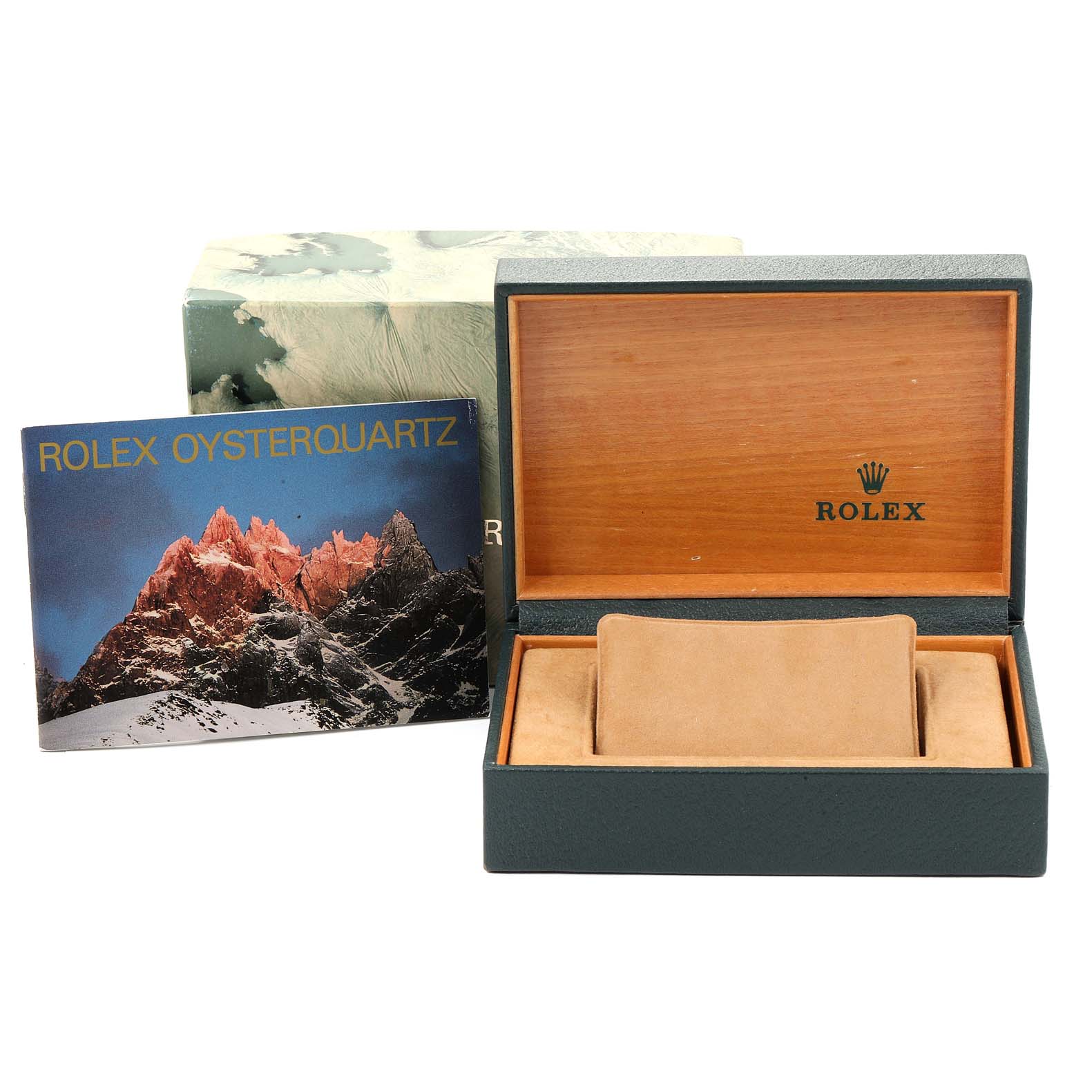 This image shows the box and manual for a Rolex Oysterquartz 17013 Men's Steel and Gold (two tone) Silver Dial 17013 Men's Steel and Gold (two tone) Silver Dial watch from a front angle.