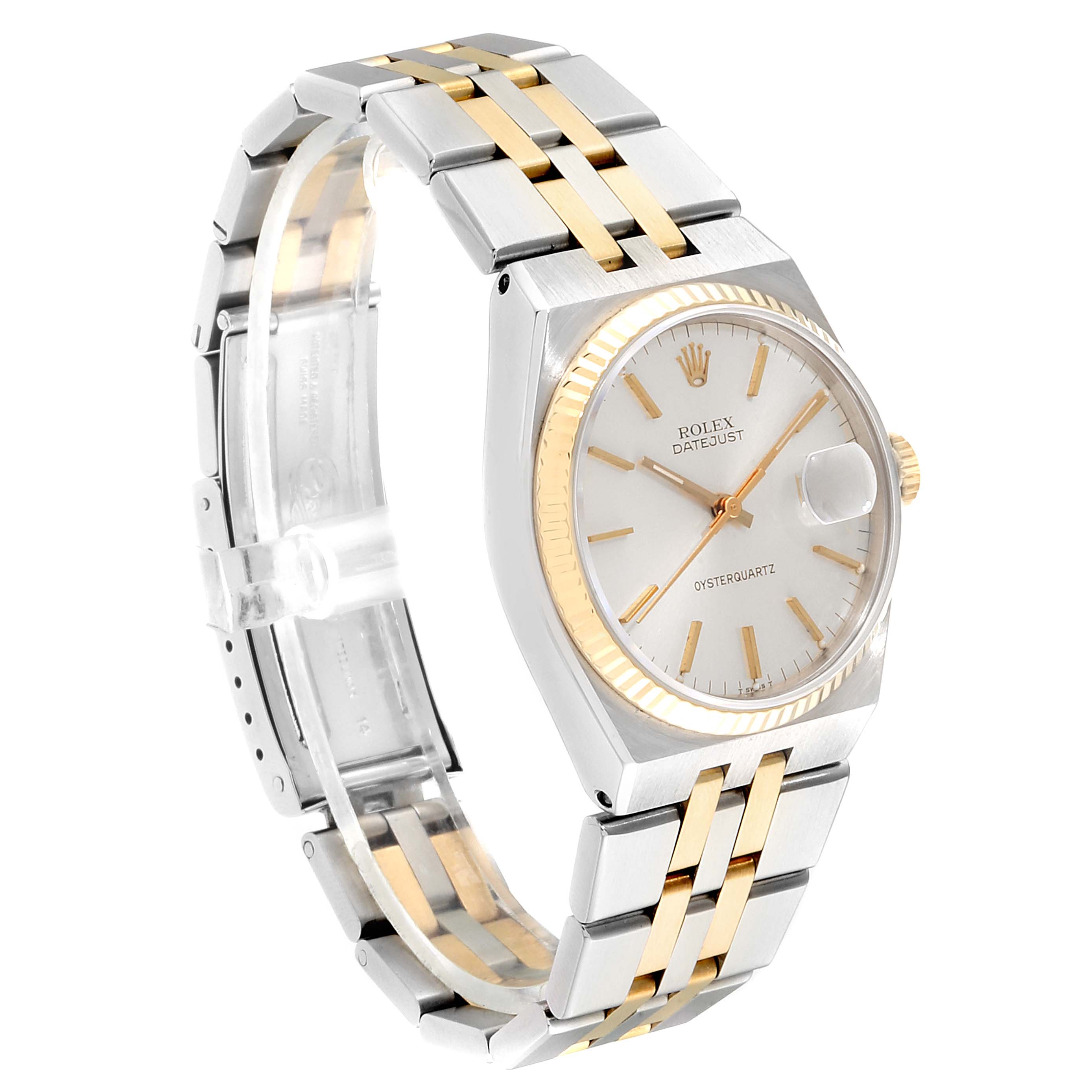This image shows a Rolex Oysterquartz 17013 Men's Steel and Gold (two tone) Silver Dial 17013 Men's Steel and Gold (two tone) Silver Dial watch from a three-quarter angle, highlighting its dial, bezel, crown, and bracelet.