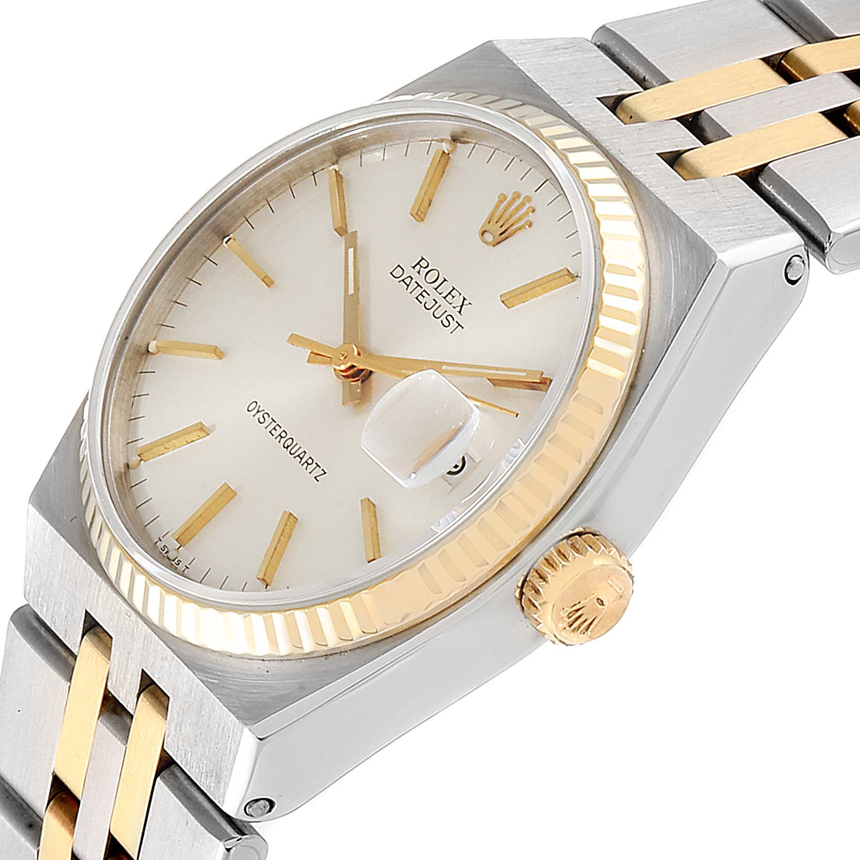 The Rolex Oysterquartz 17013 Men's Steel and Gold (two tone) Silver Dial 17013 Men's Steel and Gold (two tone) Silver Dial watch is shown at a three-quarter angle, highlighting the face, bezel, and part of the bracelet.