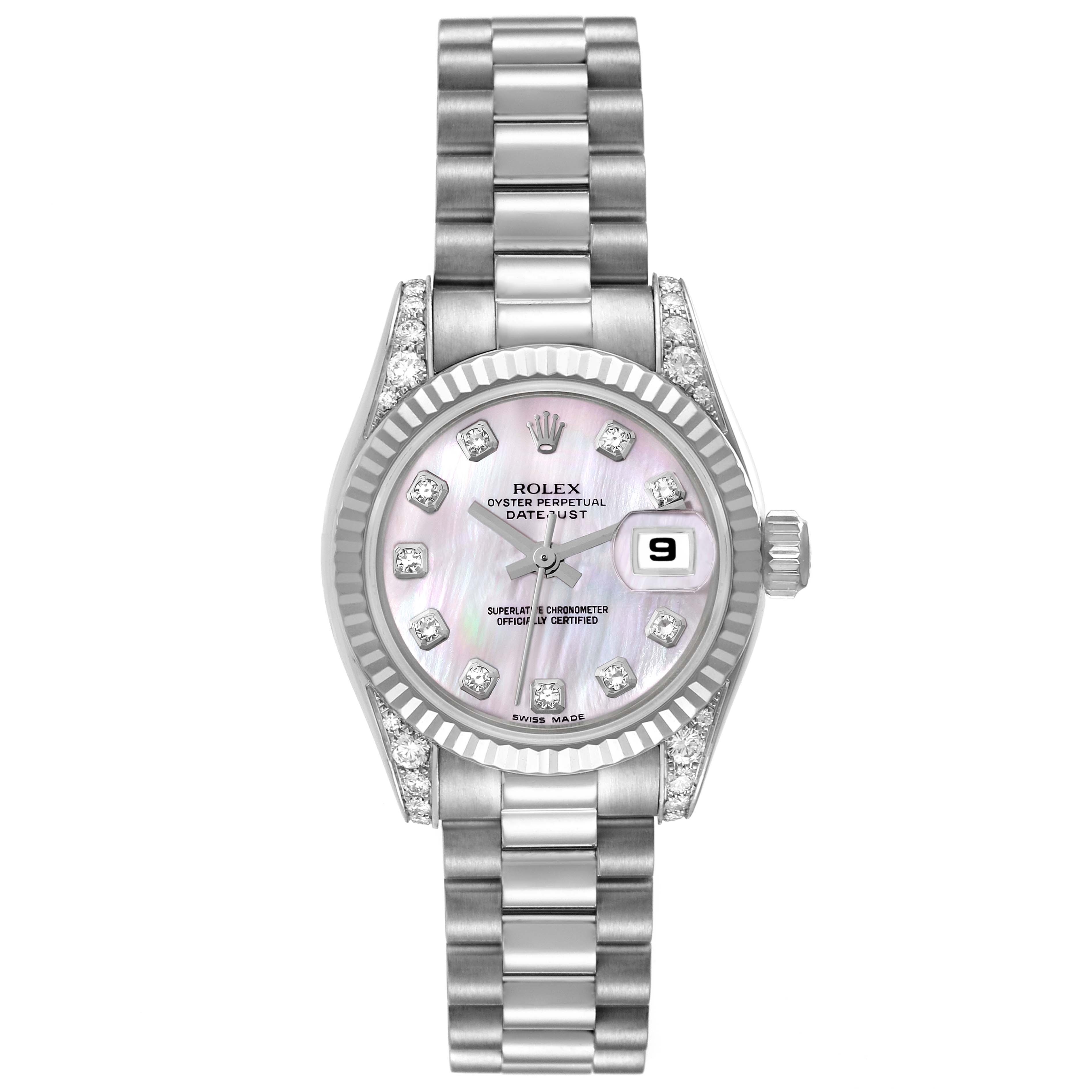 The image shows a top view of a Rolex President 179239 Women's White Gold Mother of Pearl Dial 179239 Women's White Gold Mother of Pearl Dial model watch, featuring its dial, bracelet, and bezel.