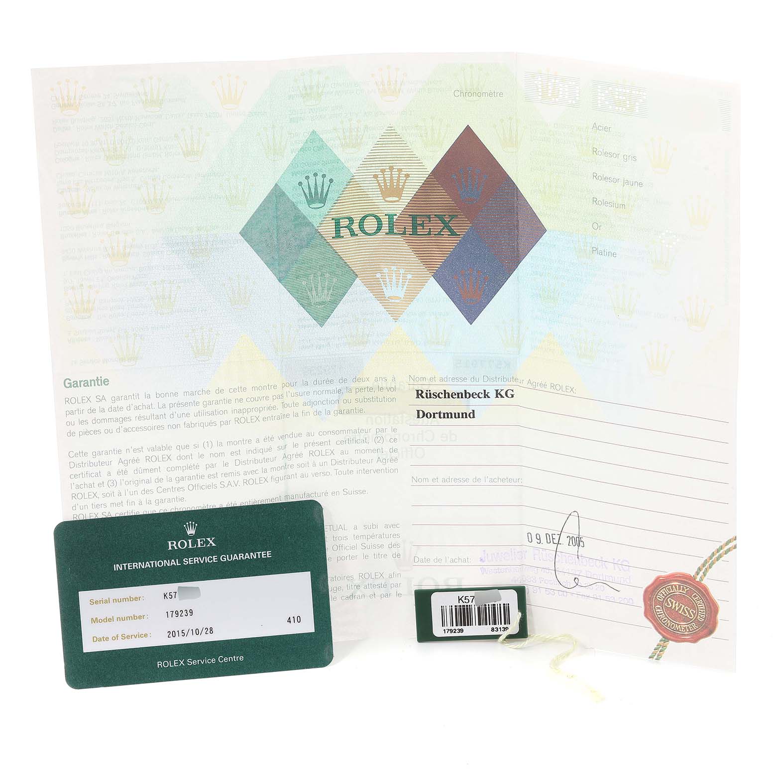 The image shows the warranty and service guarantee documents for a Rolex President 179239 Women's White Gold Mother of Pearl Dial 179239 Women's White Gold Mother of Pearl Dial model watch.